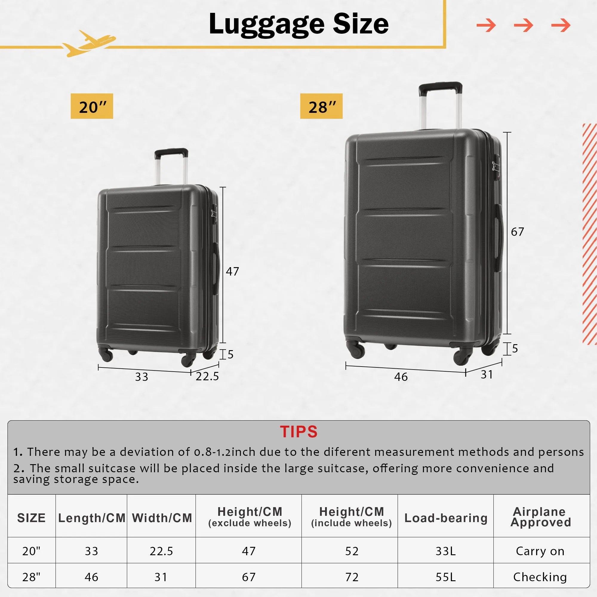 2 Piece Luggage Set With Bags Expanable Spinner Wheels ABS Lightweight Suitcase With Tsa Lock 20" / 28"