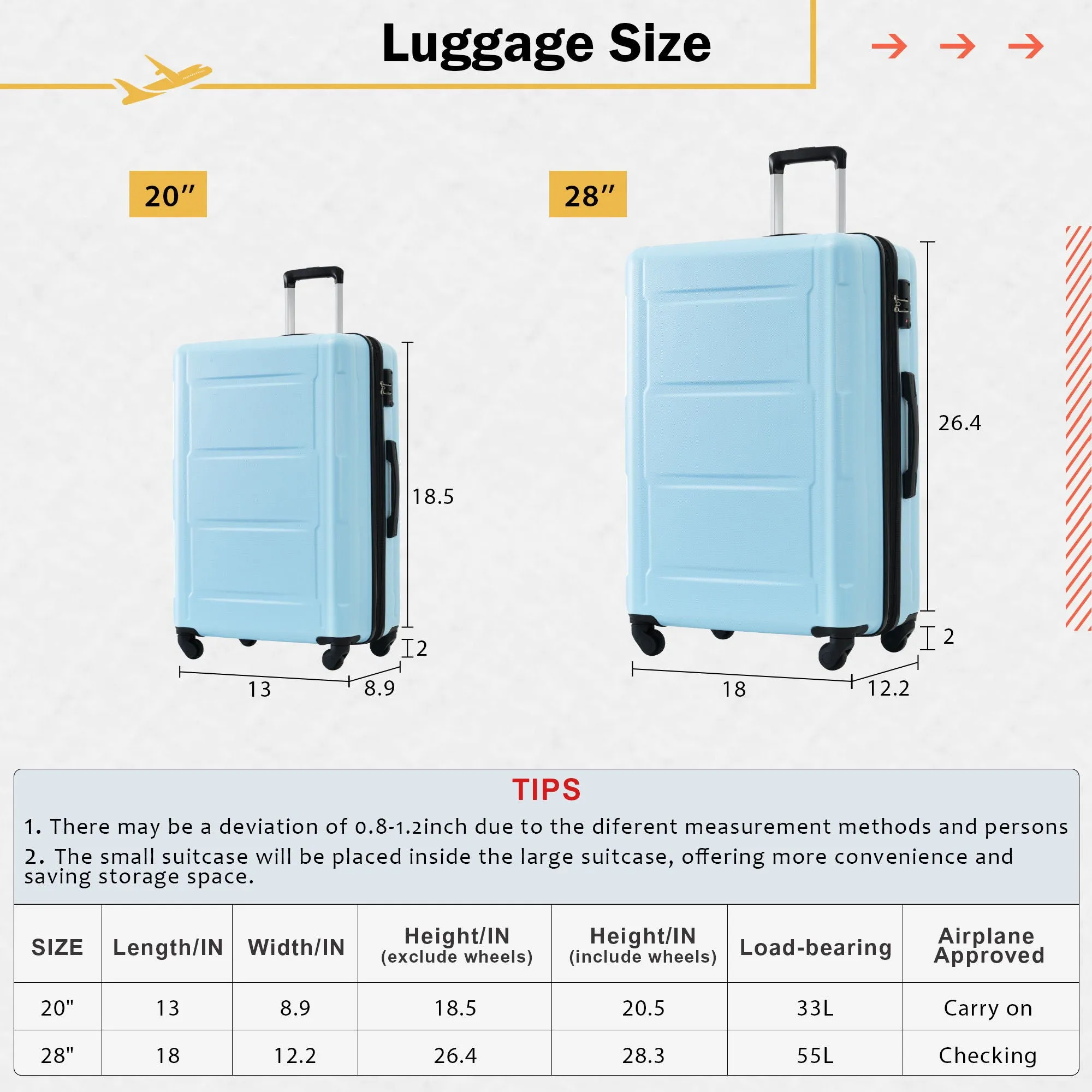 2 Piece Luggage Set With Bags Expanable Spinner Wheels ABS Lightweight Suitcase With Tsa Lock 20" / 28"