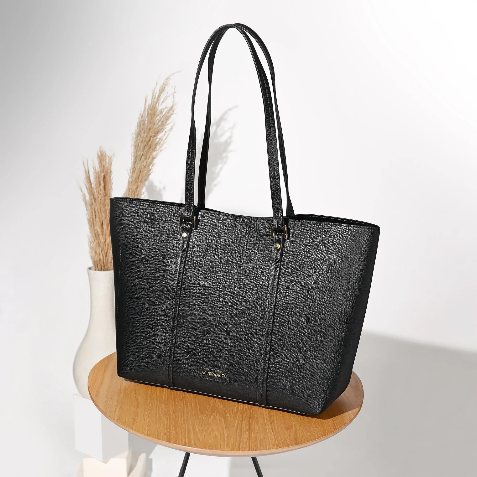 Accessorize London Women's Faux Leather Black Classic Ali tote with inside compartment