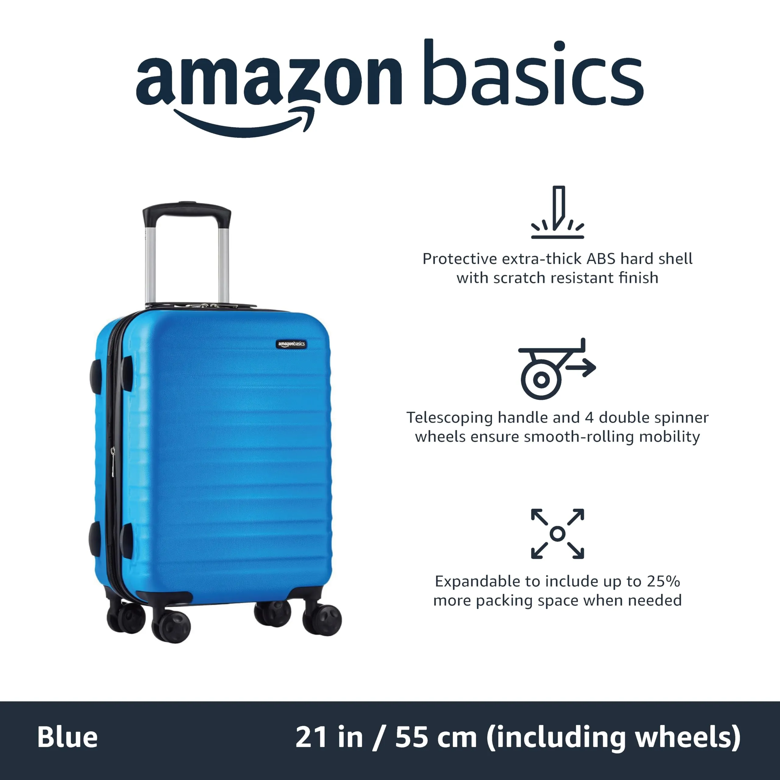 Amazon Basics Suitcase, Hardside Luggage with Spinner Wheels, Scratch-Resistant Surface, Light Blue, 21-Inch