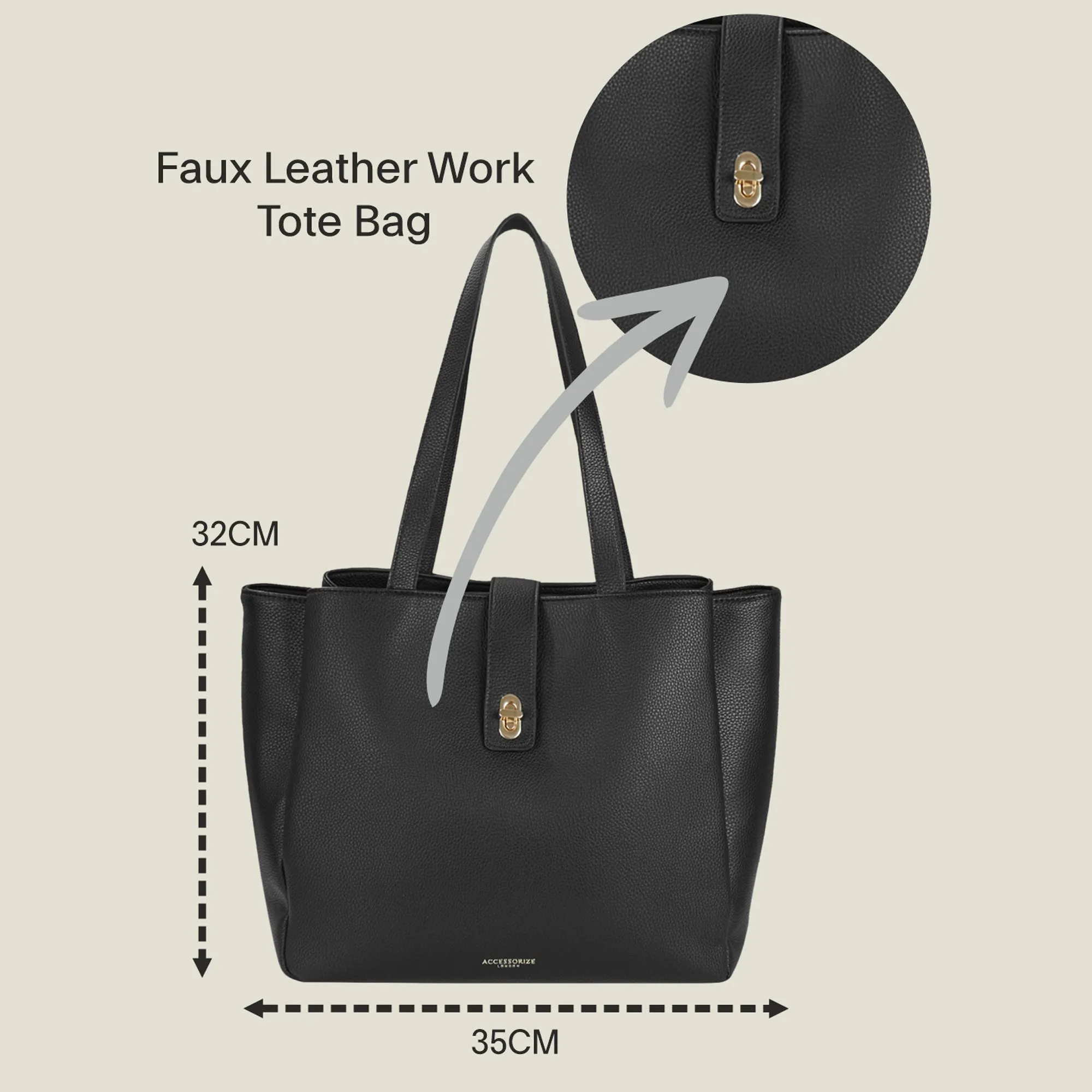 Black Faux Leather Work Tote Bag