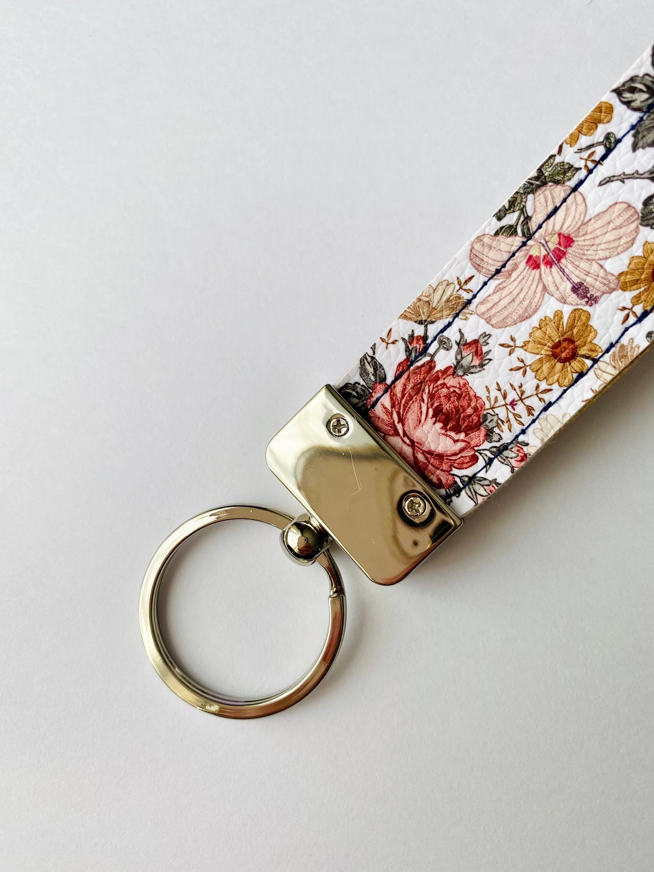 Dusty Floral Faux Leather Wristlet Keychain