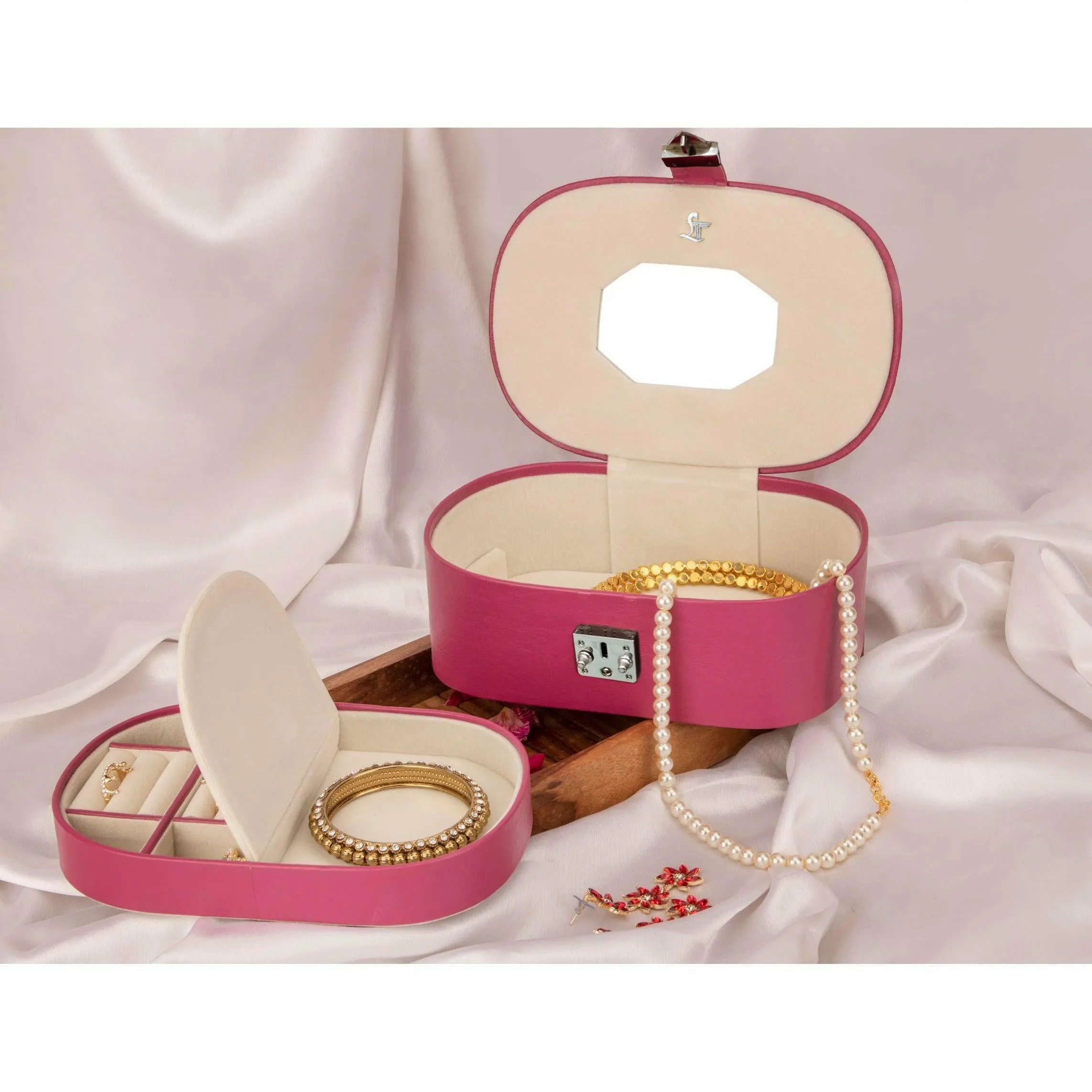 Jewellery Box III | Leather Jewellery Box | 100% Genuine Leather | Lifetime Service Warranty | Color: Pink & Red