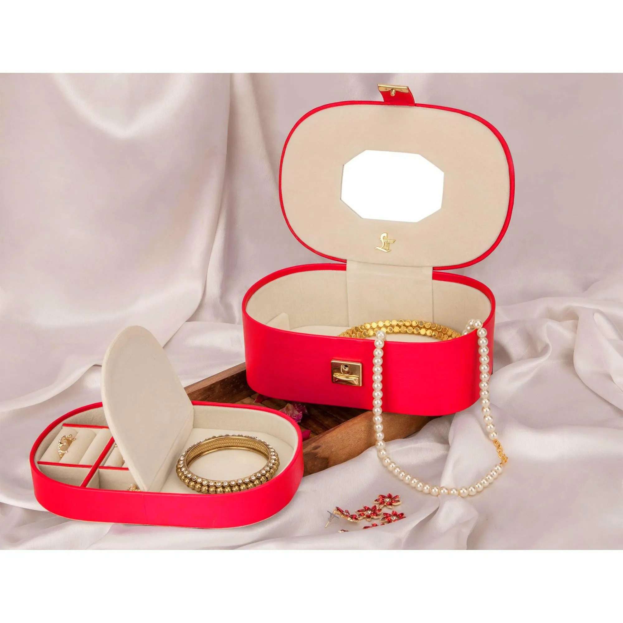 Jewellery Box III | Leather Jewellery Box | 100% Genuine Leather | Lifetime Service Warranty | Color: Pink & Red