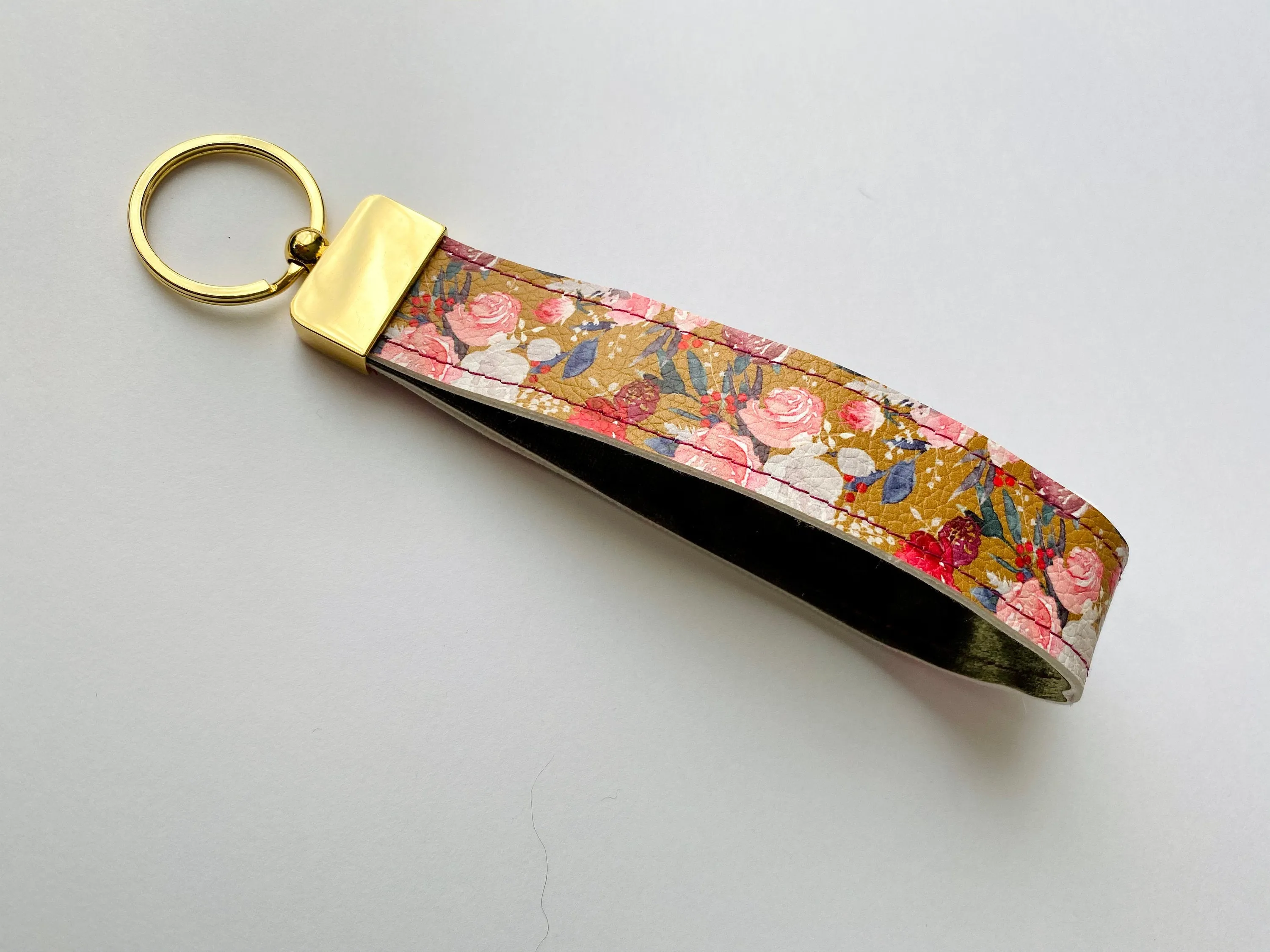 Mustard Floral Faux Leather Wristlet Keychain