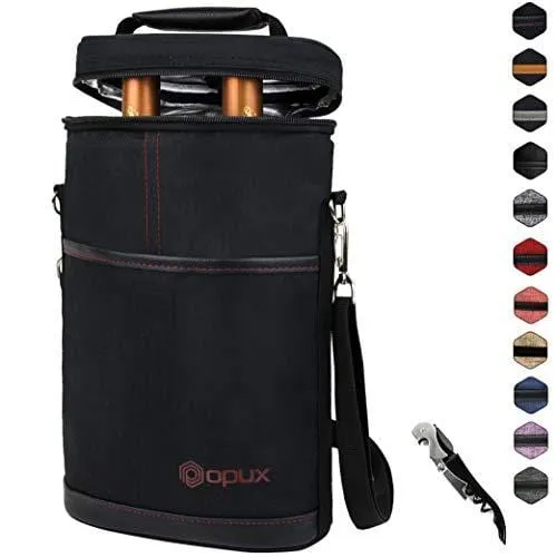 OPUX 2 Bottle Wine Tote Carrier | Insulated Wine Cooler Bag for Travel Picnic BYOB | Portable Wine Carrying Bag, Padded Protection, Shoulder Strap, Corkscrew Opener - Black