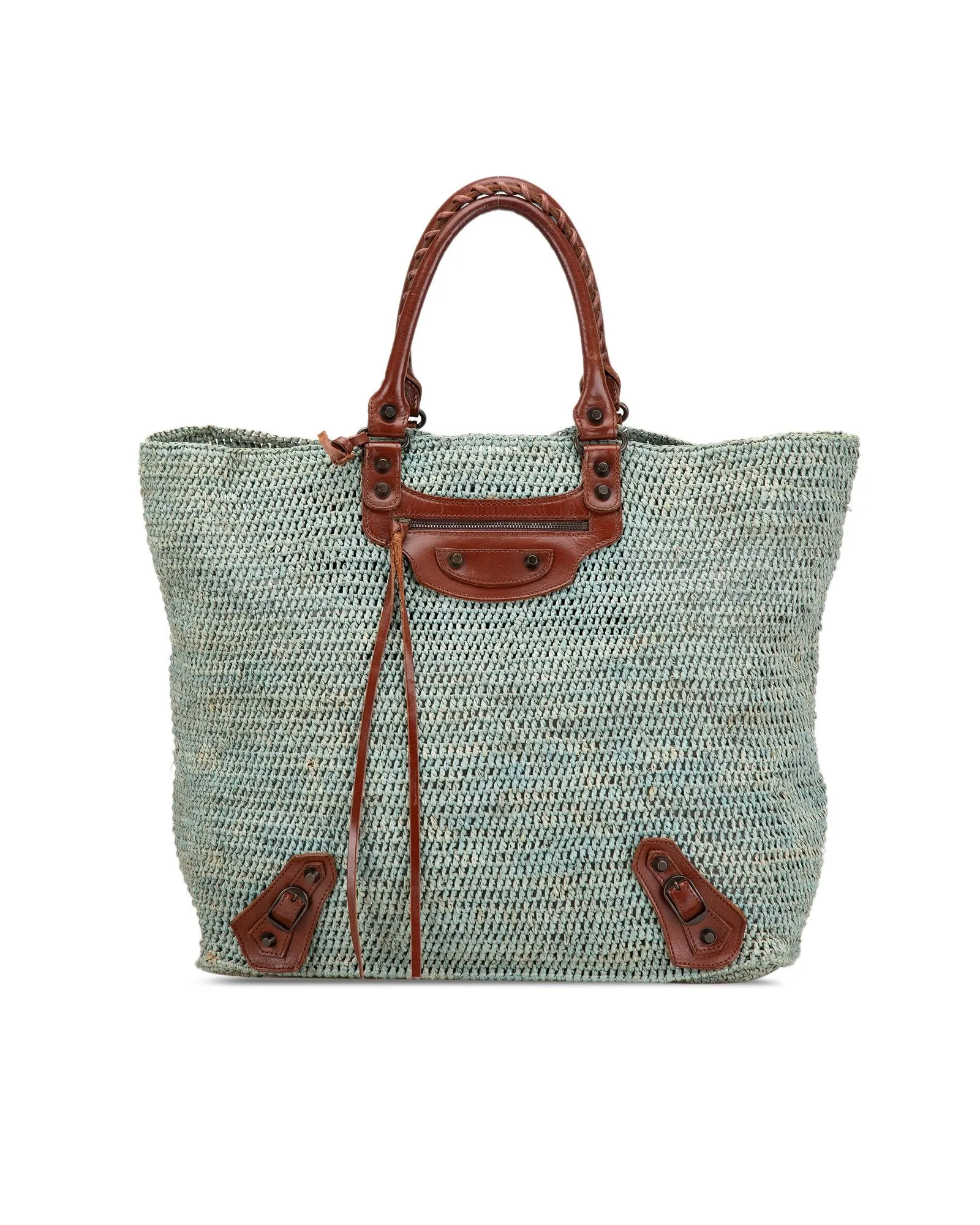 Raffia Motocross Classic Tote with Leather Handles and Zip Pocket