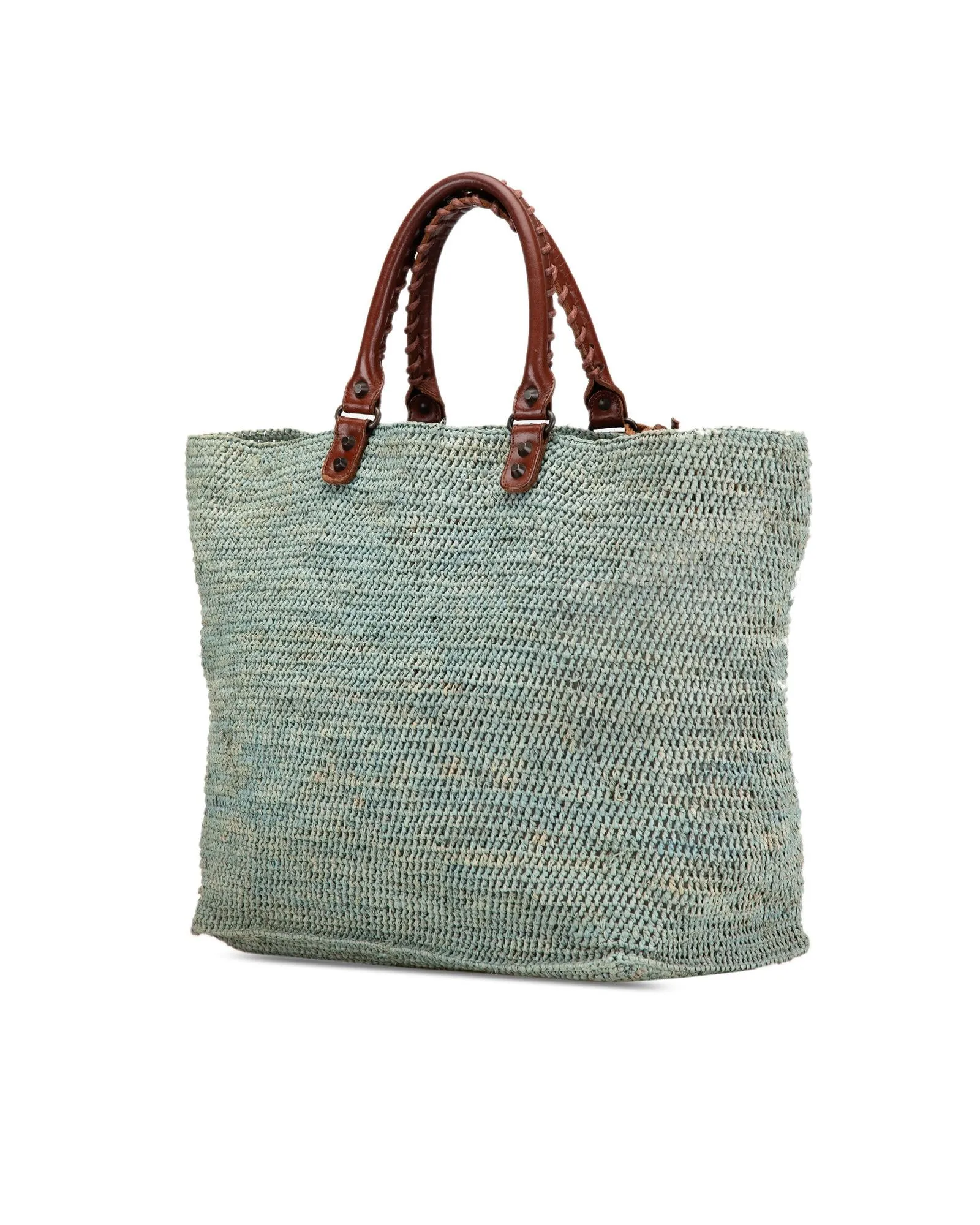 Raffia Motocross Classic Tote with Leather Handles and Zip Pocket