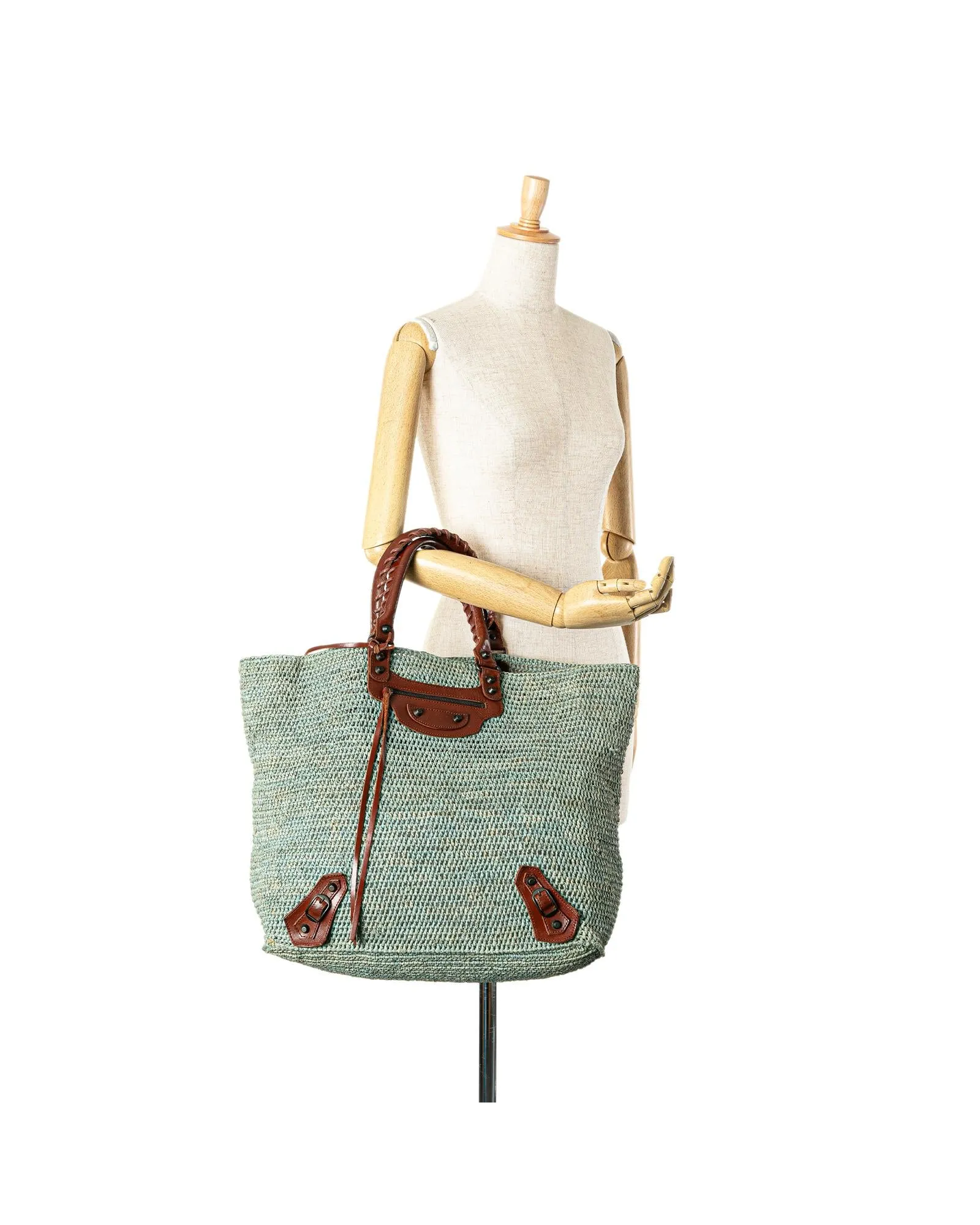 Raffia Motocross Classic Tote with Leather Handles and Zip Pocket