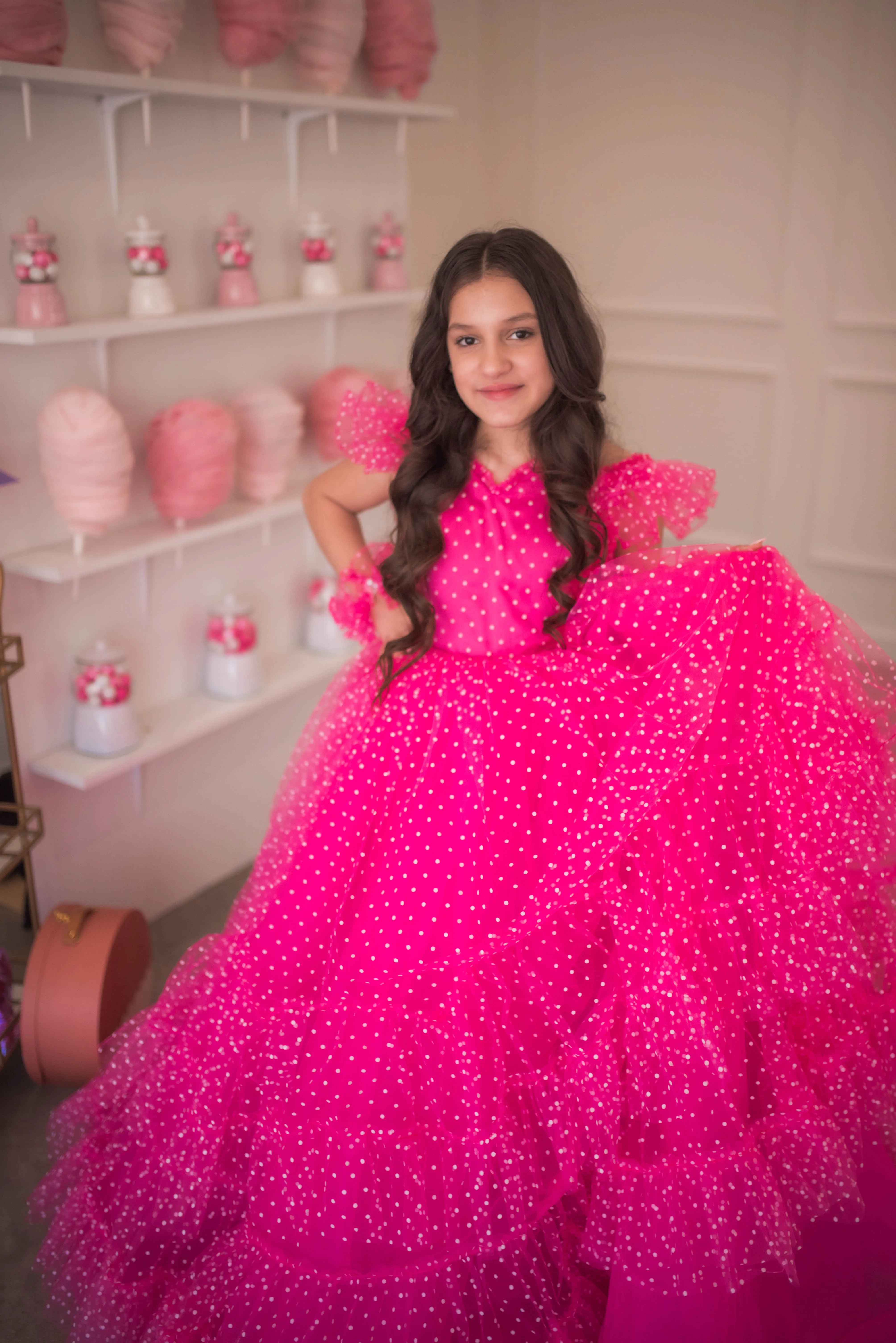 Swish Dots Couture Gown -pink- Floor length dress Wristlets   (8 Year - 9 Year up to a petite 10 year)