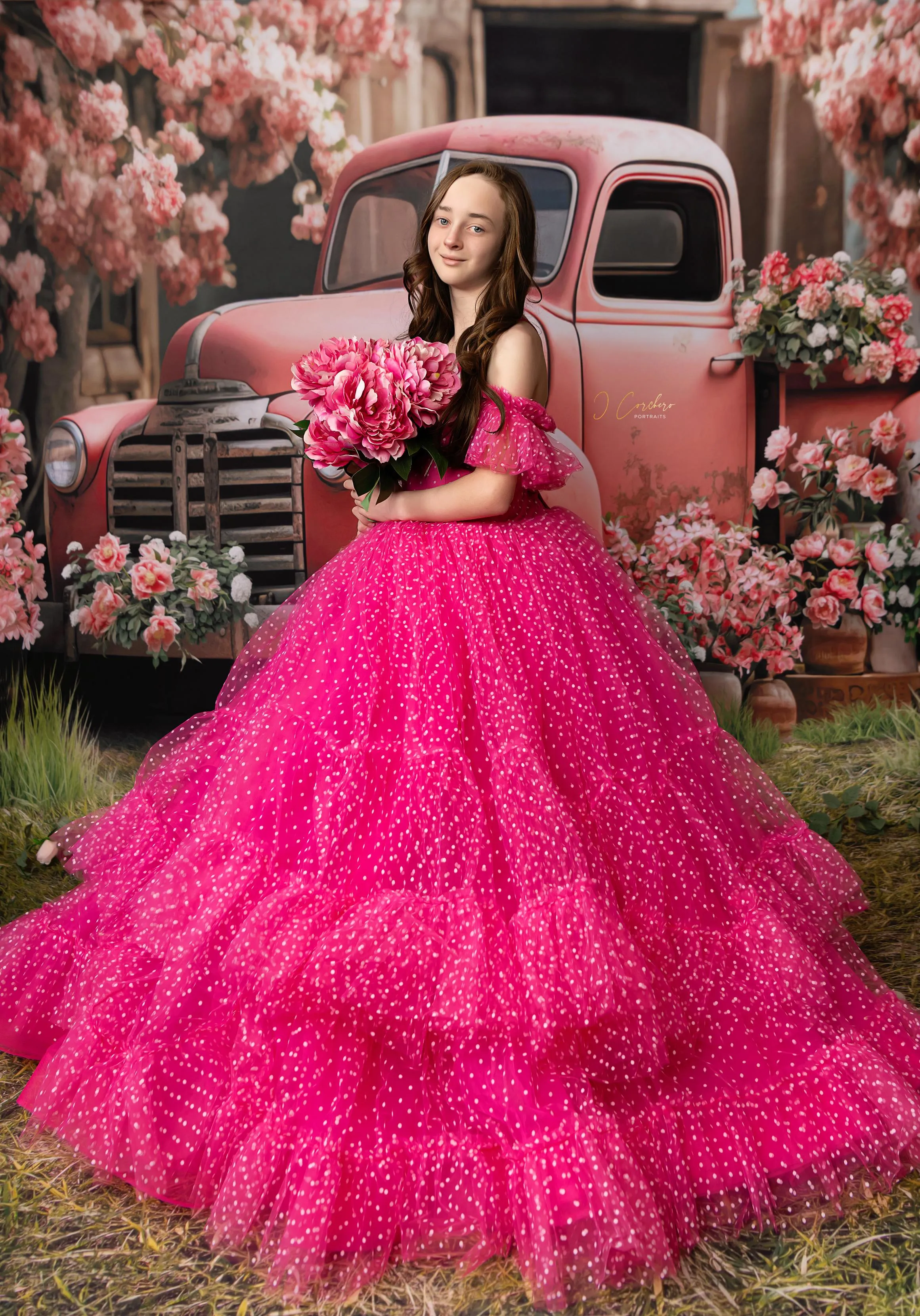 Swish Dots Couture Gown -pink- Floor length dress Wristlets   (8 Year - 9 Year up to a petite 10 year)