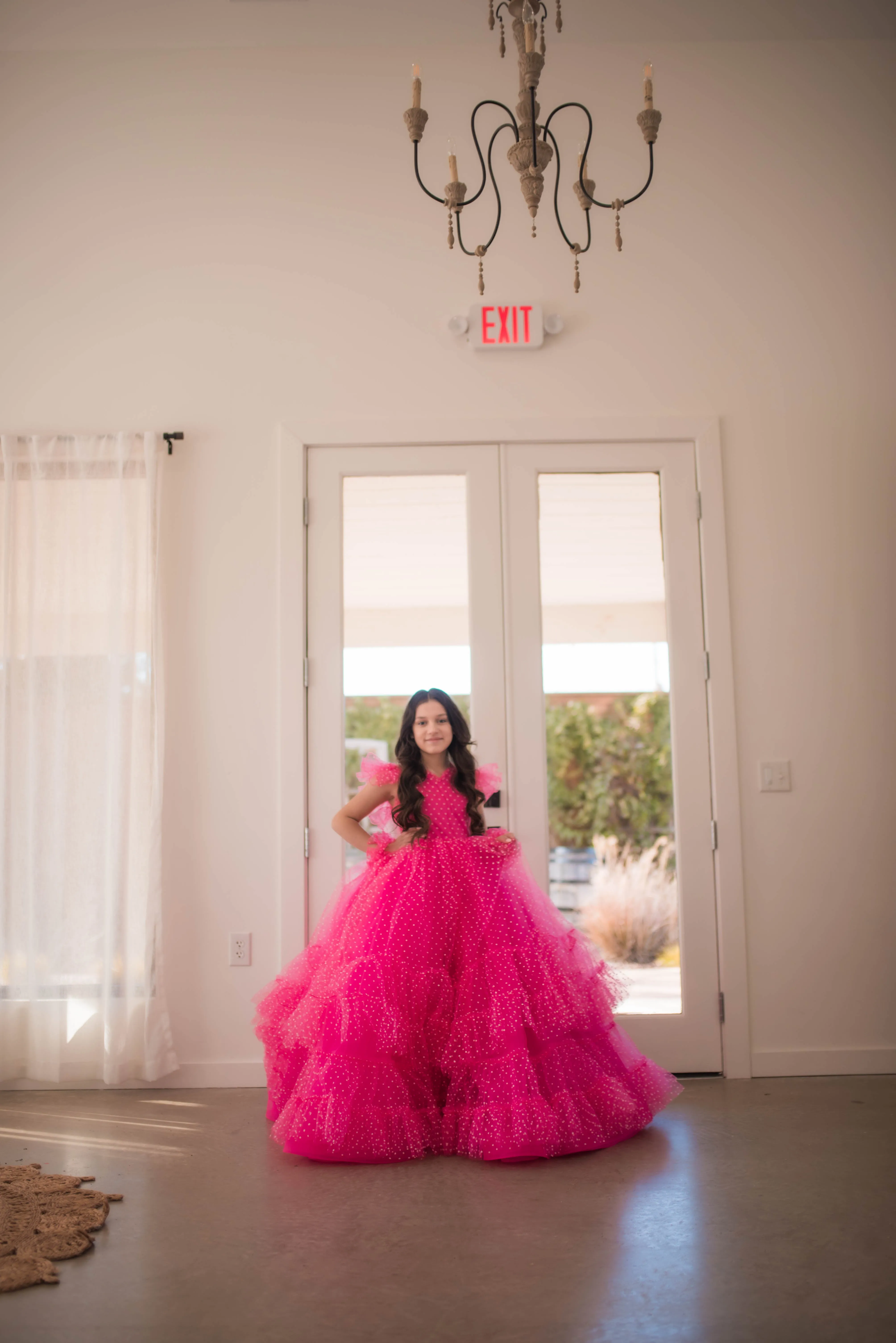 Swish Dots Couture Gown -pink- Floor length dress Wristlets   (8 Year - 9 Year up to a petite 10 year)