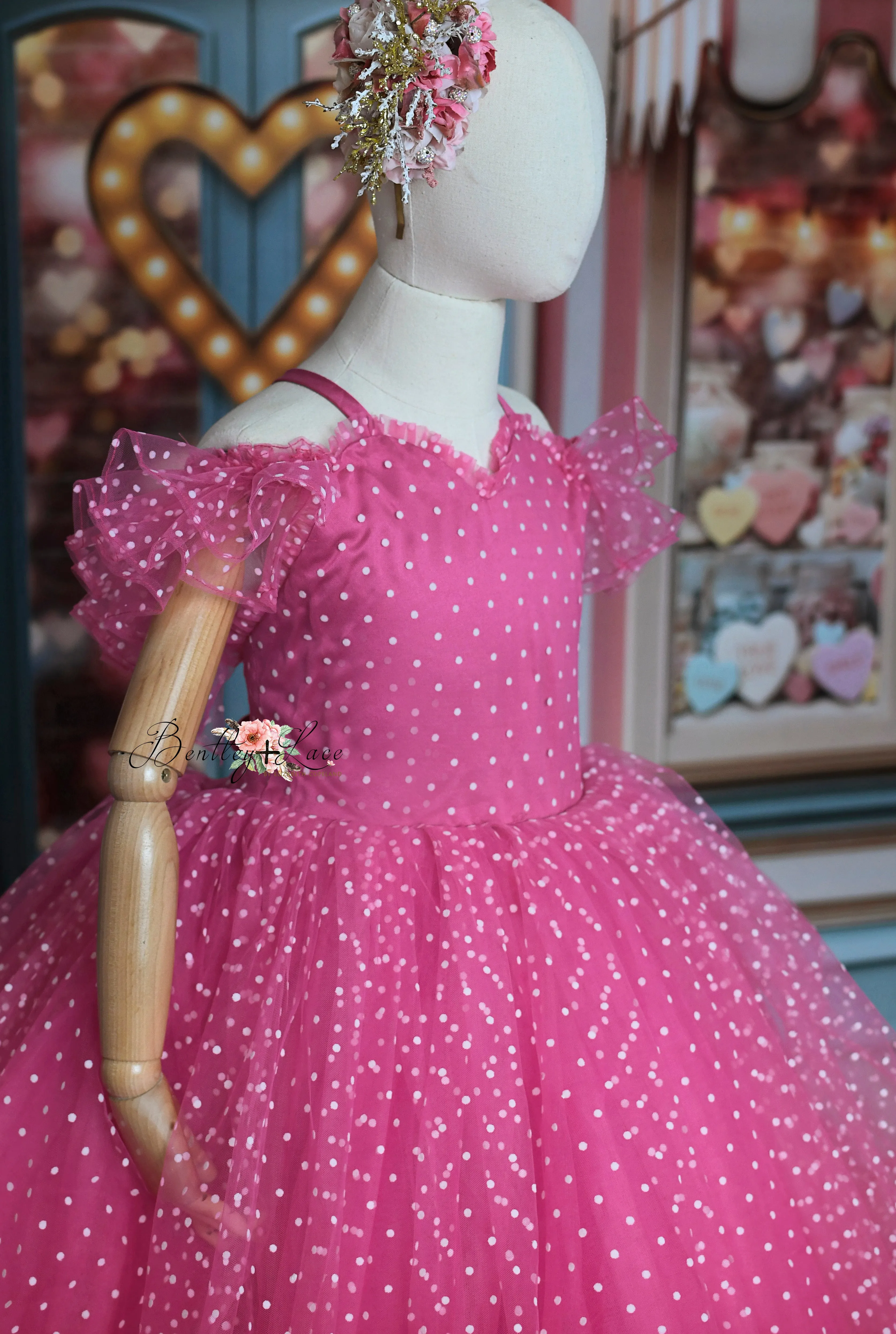 Swish Dots Couture Gown -pink- Floor length dress Wristlets   (8 Year - 9 Year up to a petite 10 year)