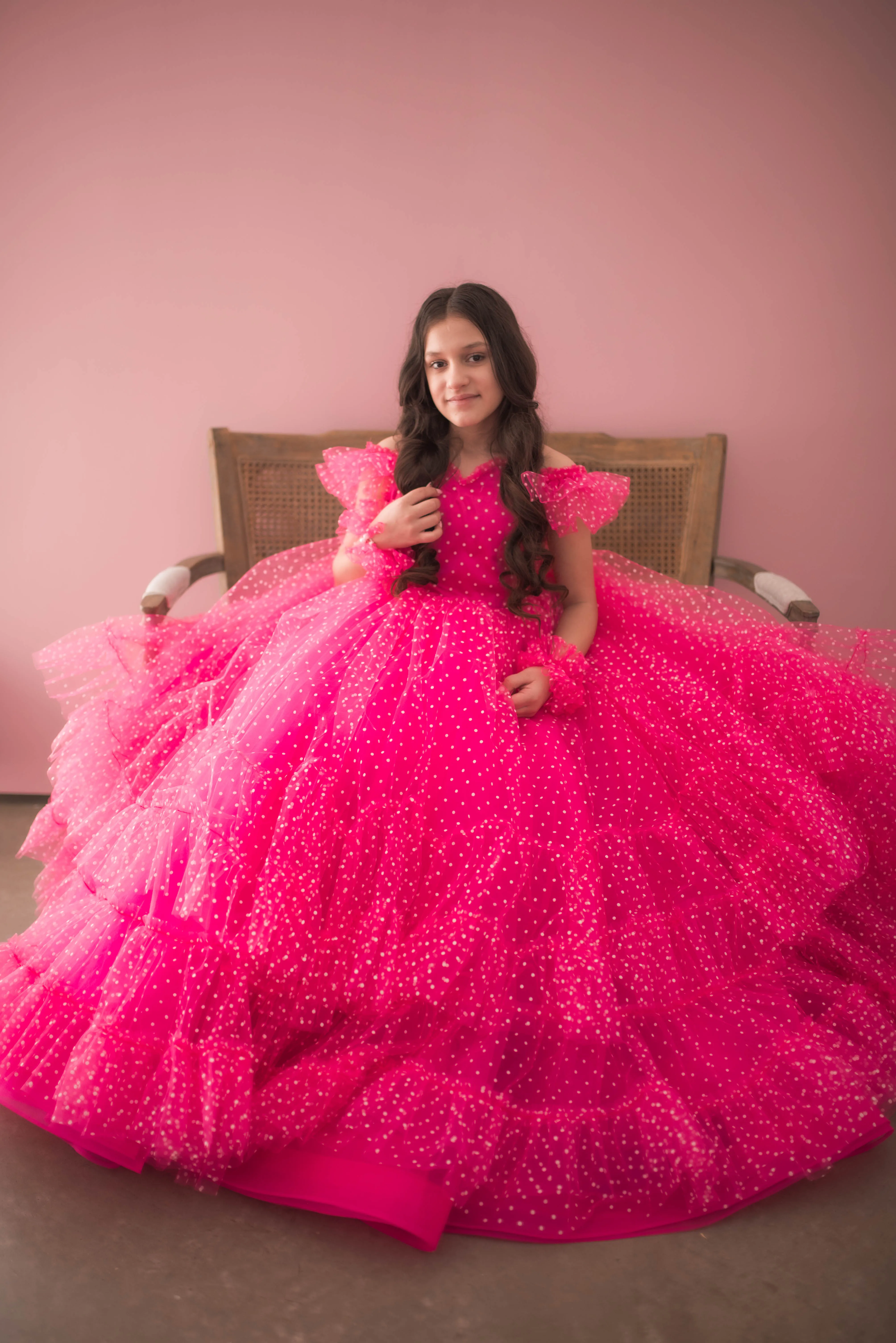 Swish Dots Couture Gown -pink- Floor length dress Wristlets   (8 Year - 9 Year up to a petite 10 year)