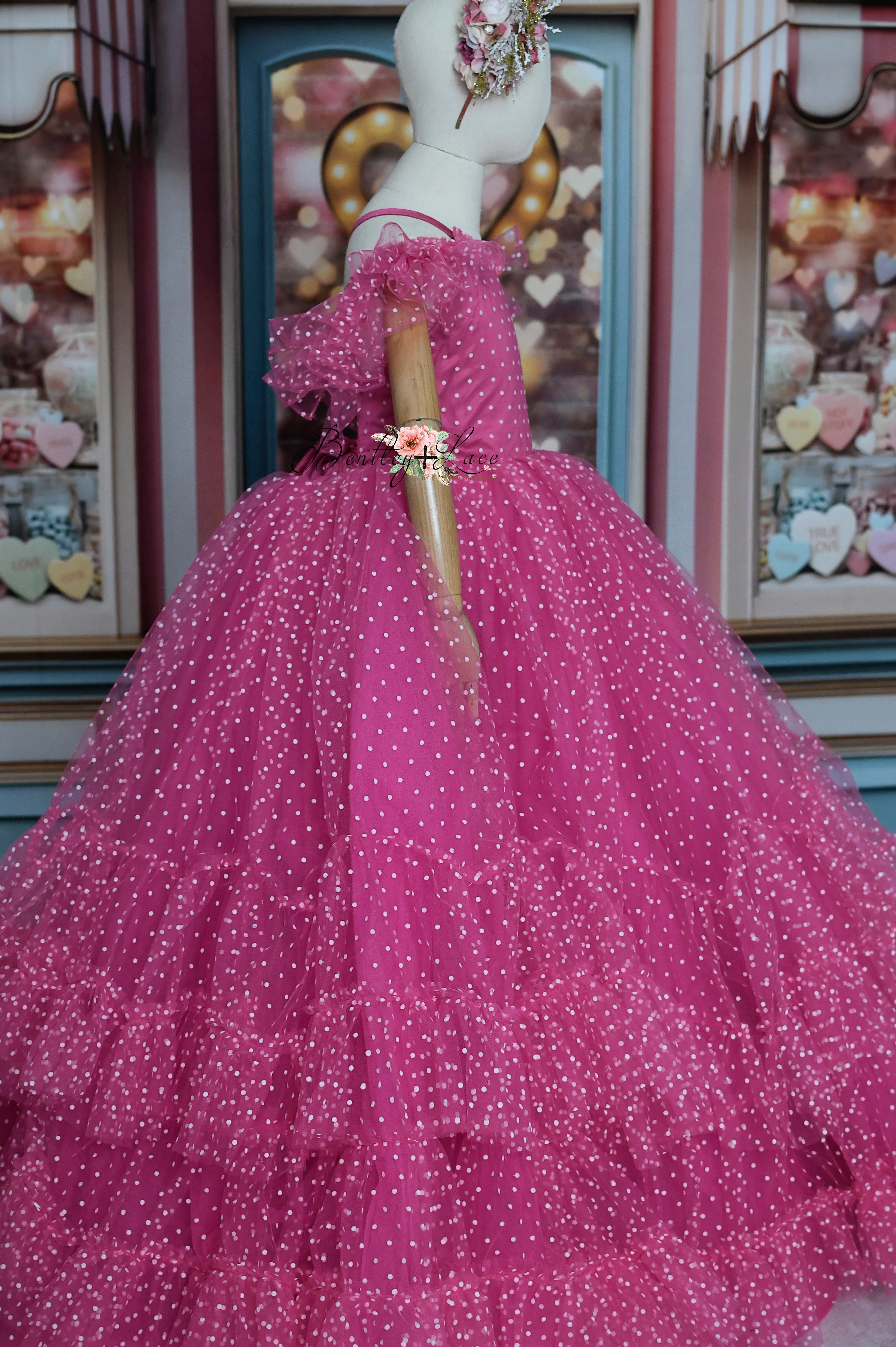 Swish Dots Couture Gown -pink- Floor length dress Wristlets   (8 Year - 9 Year up to a petite 10 year)