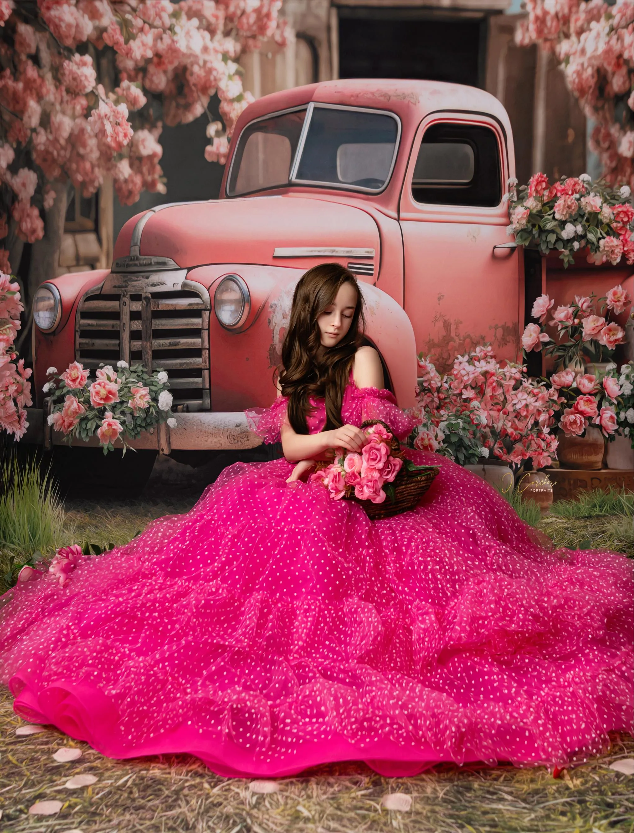 Swish Dots Couture Gown -pink- Floor length dress Wristlets   (8 Year - 9 Year up to a petite 10 year)