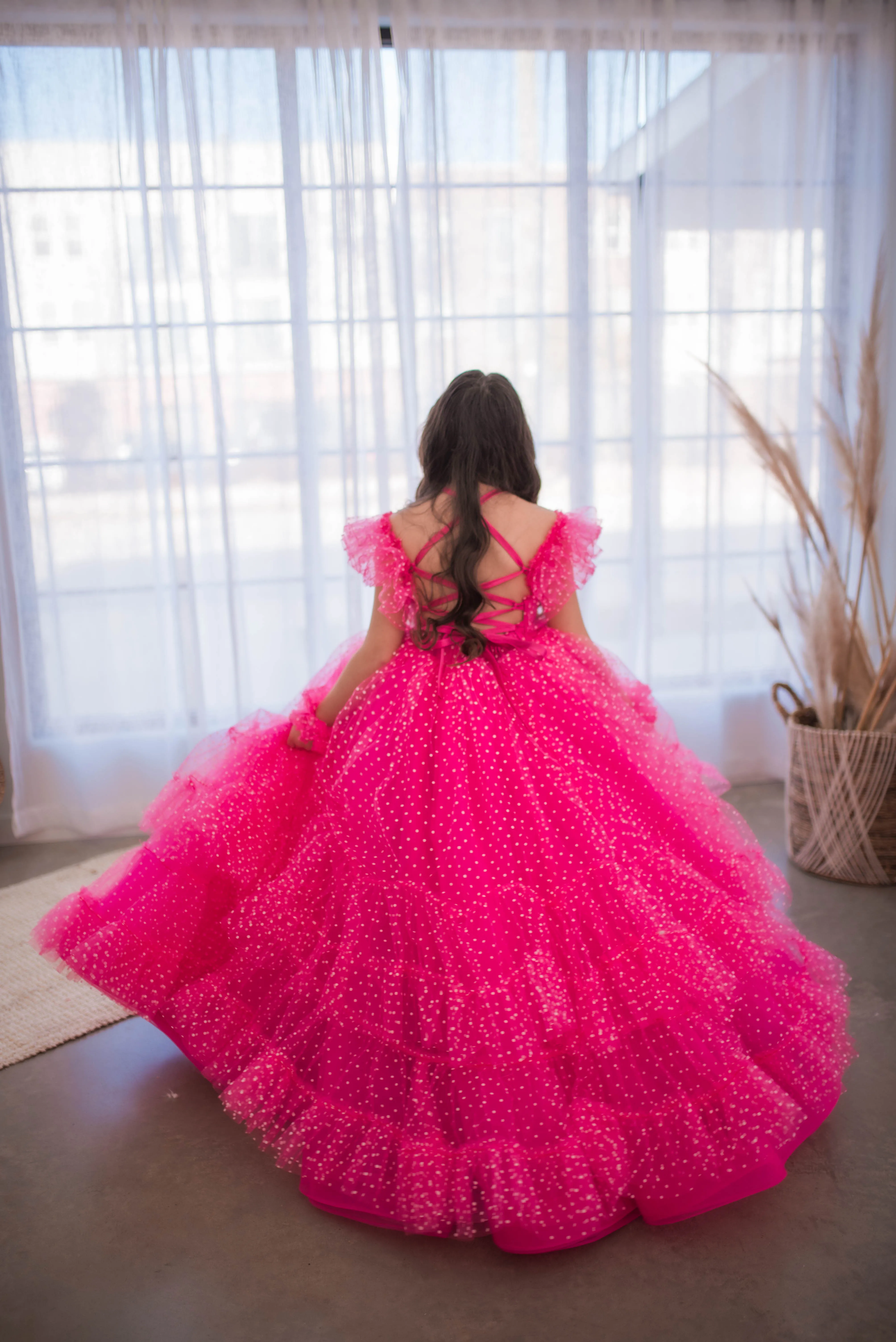 Swish Dots Couture Gown -pink- Floor length dress Wristlets   (8 Year - 9 Year up to a petite 10 year)