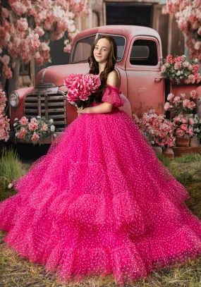 Swish Dots Couture Gown -pink- Floor length dress Wristlets   (8 Year - 9 Year up to a petite 10 year)