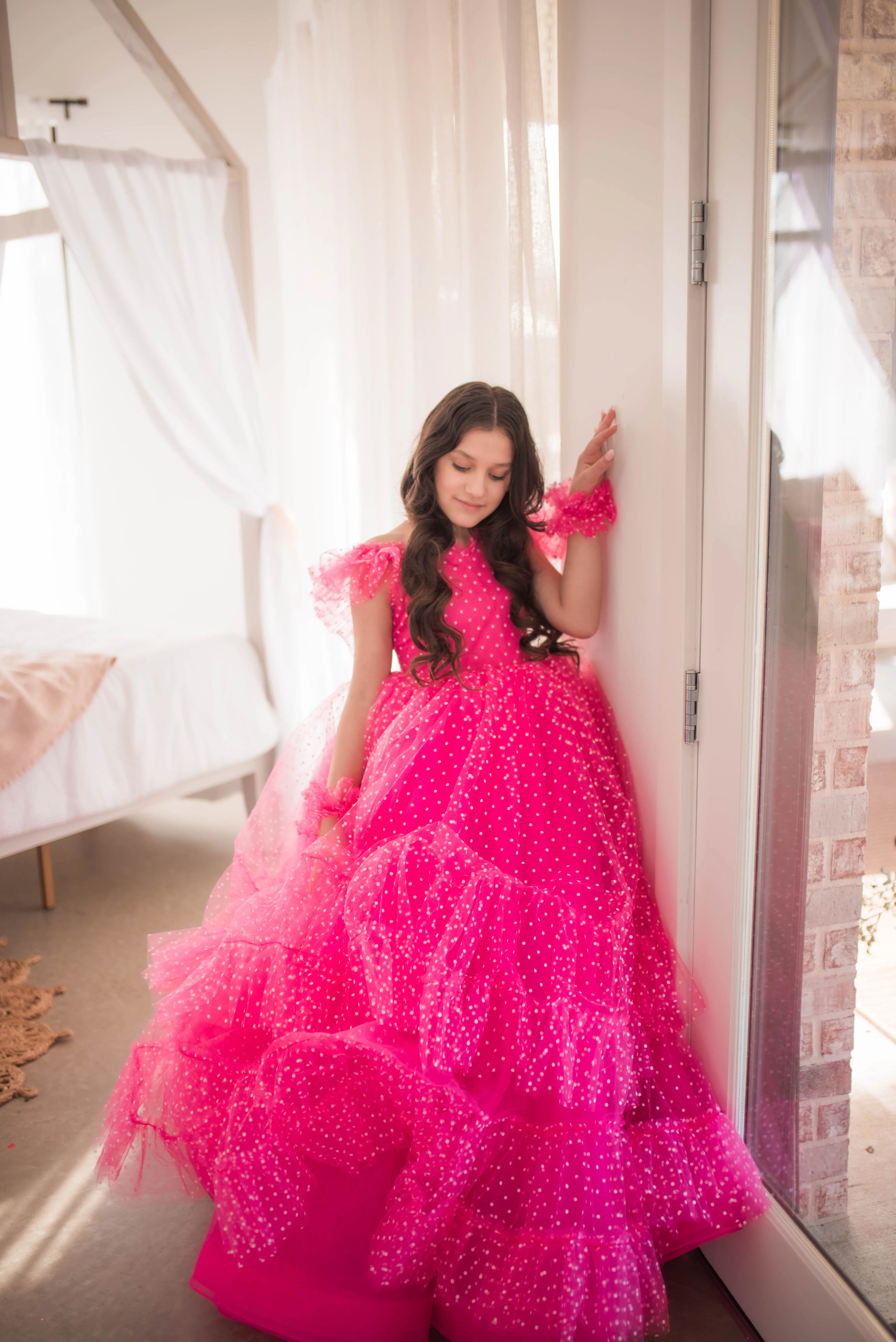 Swish Dots Couture Gown -pink- Floor length dress Wristlets   (8 Year - 9 Year up to a petite 10 year)