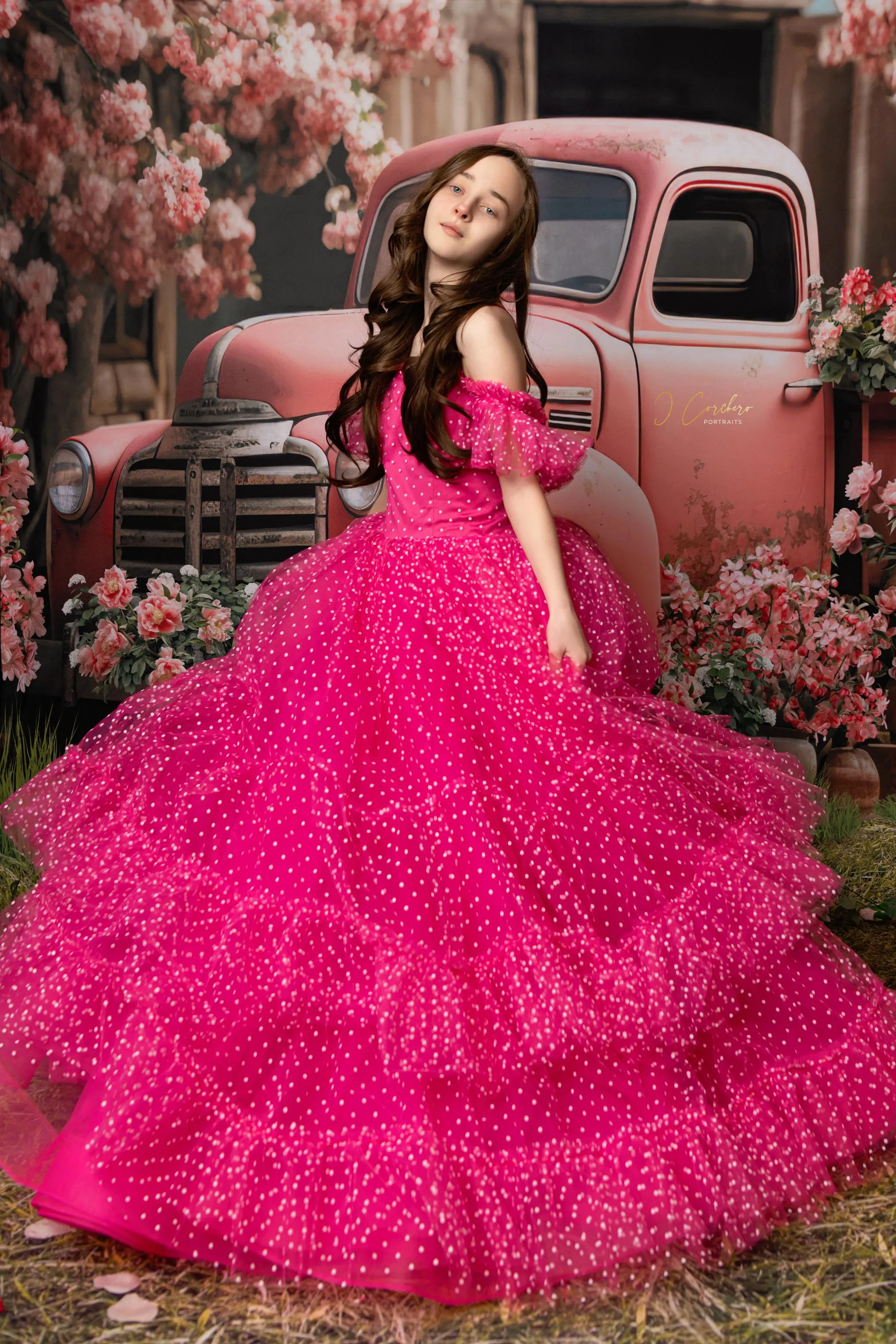 Swish Dots Couture Gown -pink- Floor length dress Wristlets   (8 Year - 9 Year up to a petite 10 year)