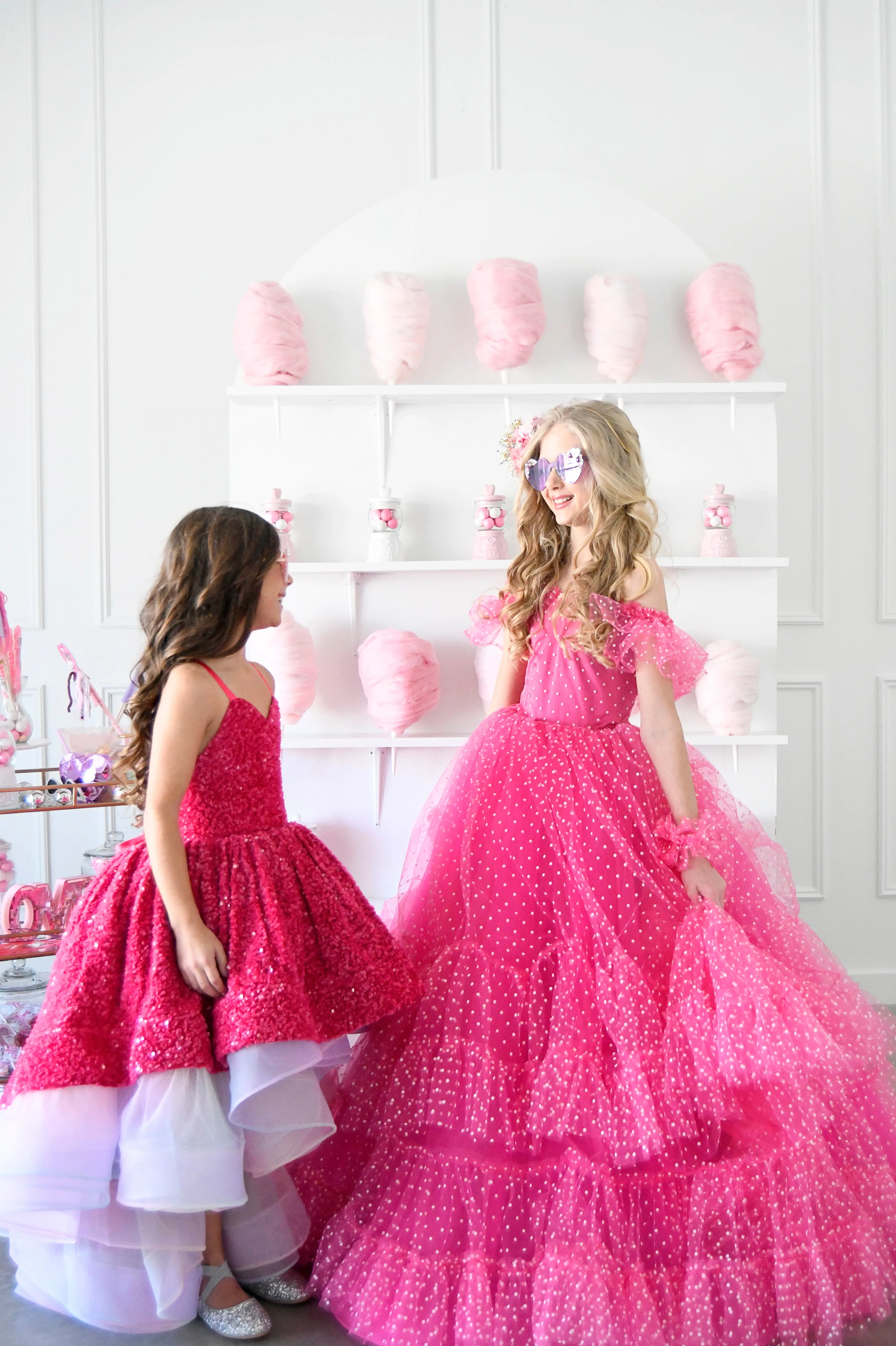 Swish Dots Couture Gown -pink- Floor length dress Wristlets   (8 Year - 9 Year up to a petite 10 year)