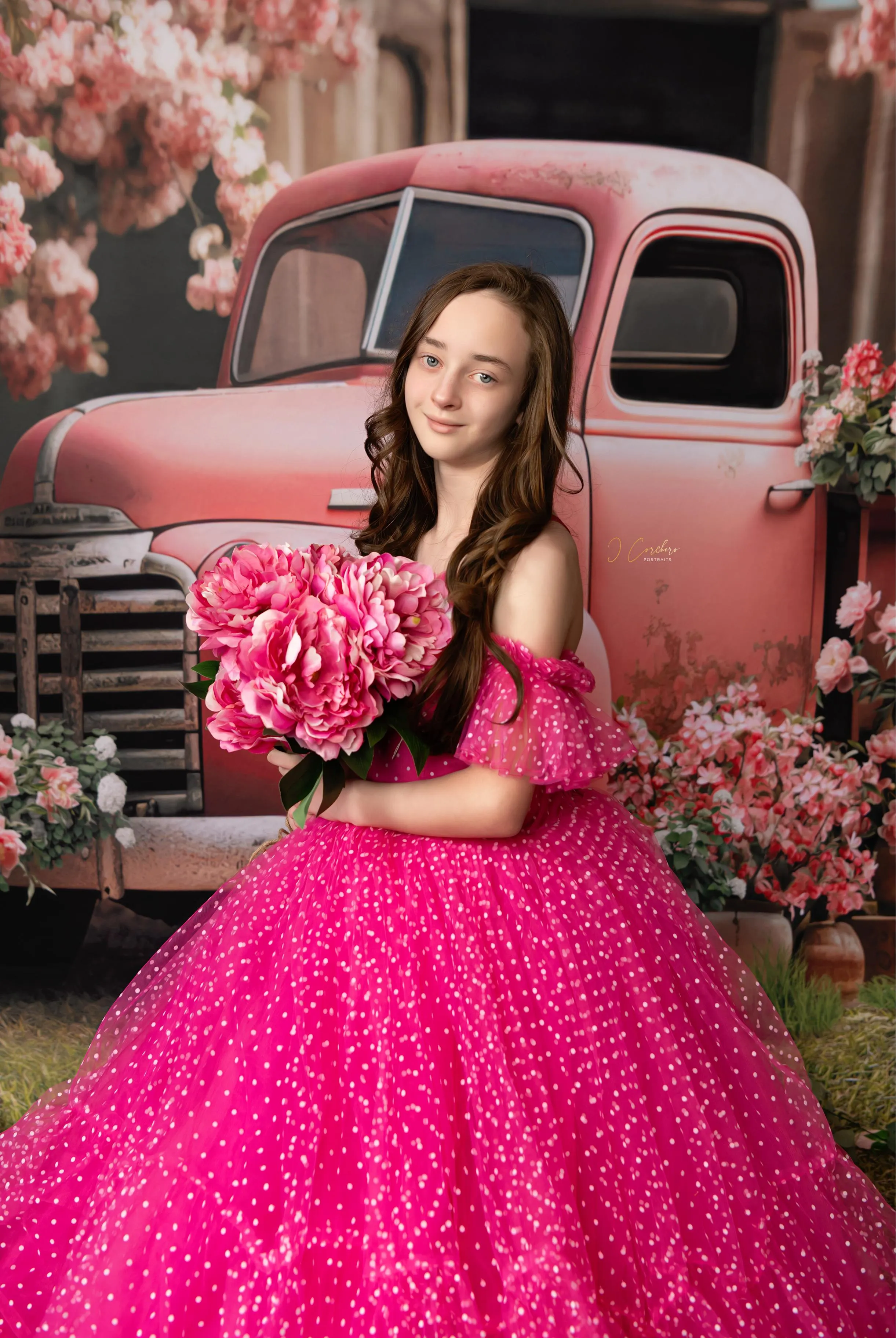 Swish Dots Couture Gown -pink- Floor length dress Wristlets   (8 Year - 9 Year up to a petite 10 year)