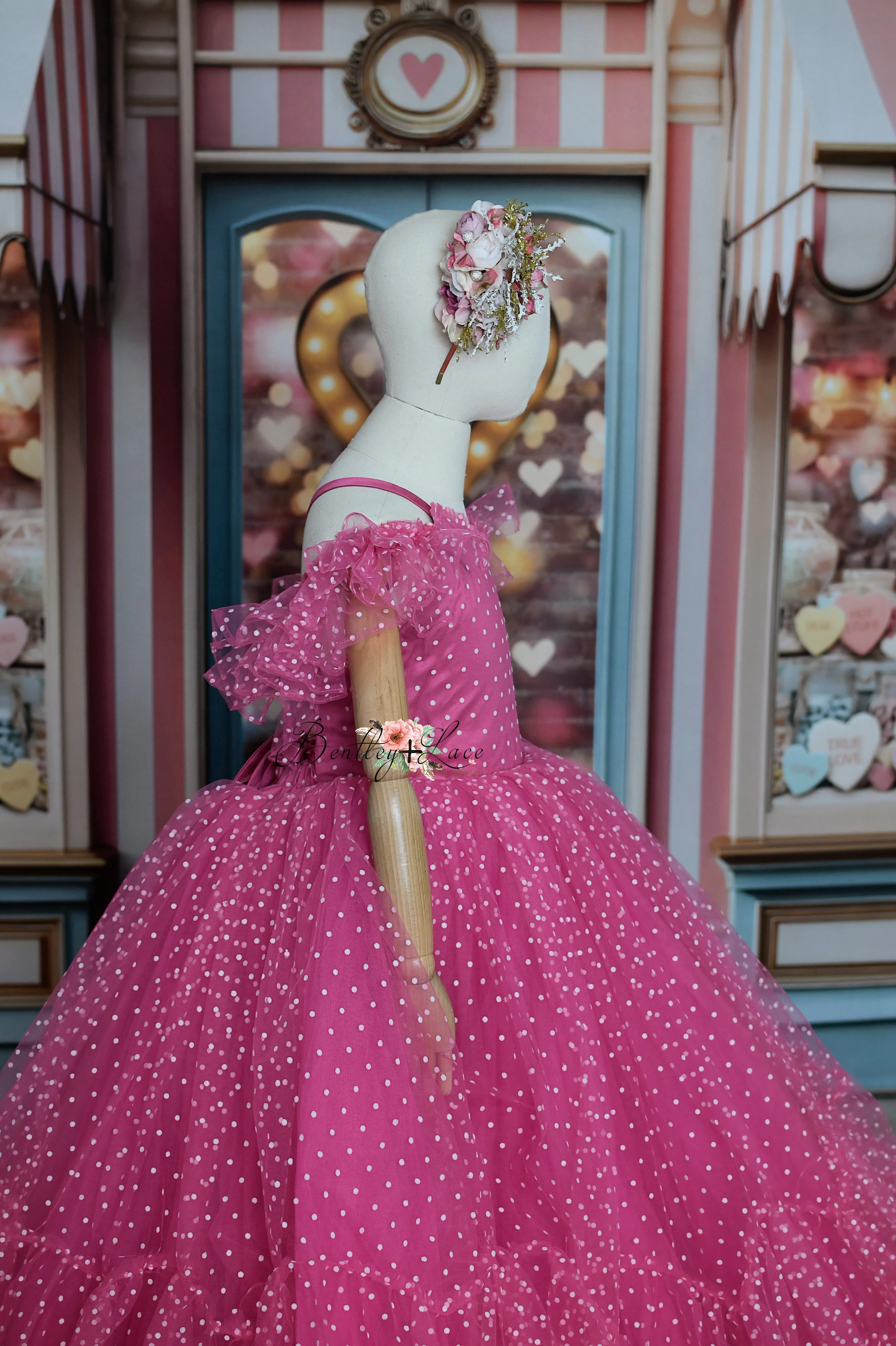 Swish Dots Couture Gown -pink- Floor length dress Wristlets   (8 Year - 9 Year up to a petite 10 year)