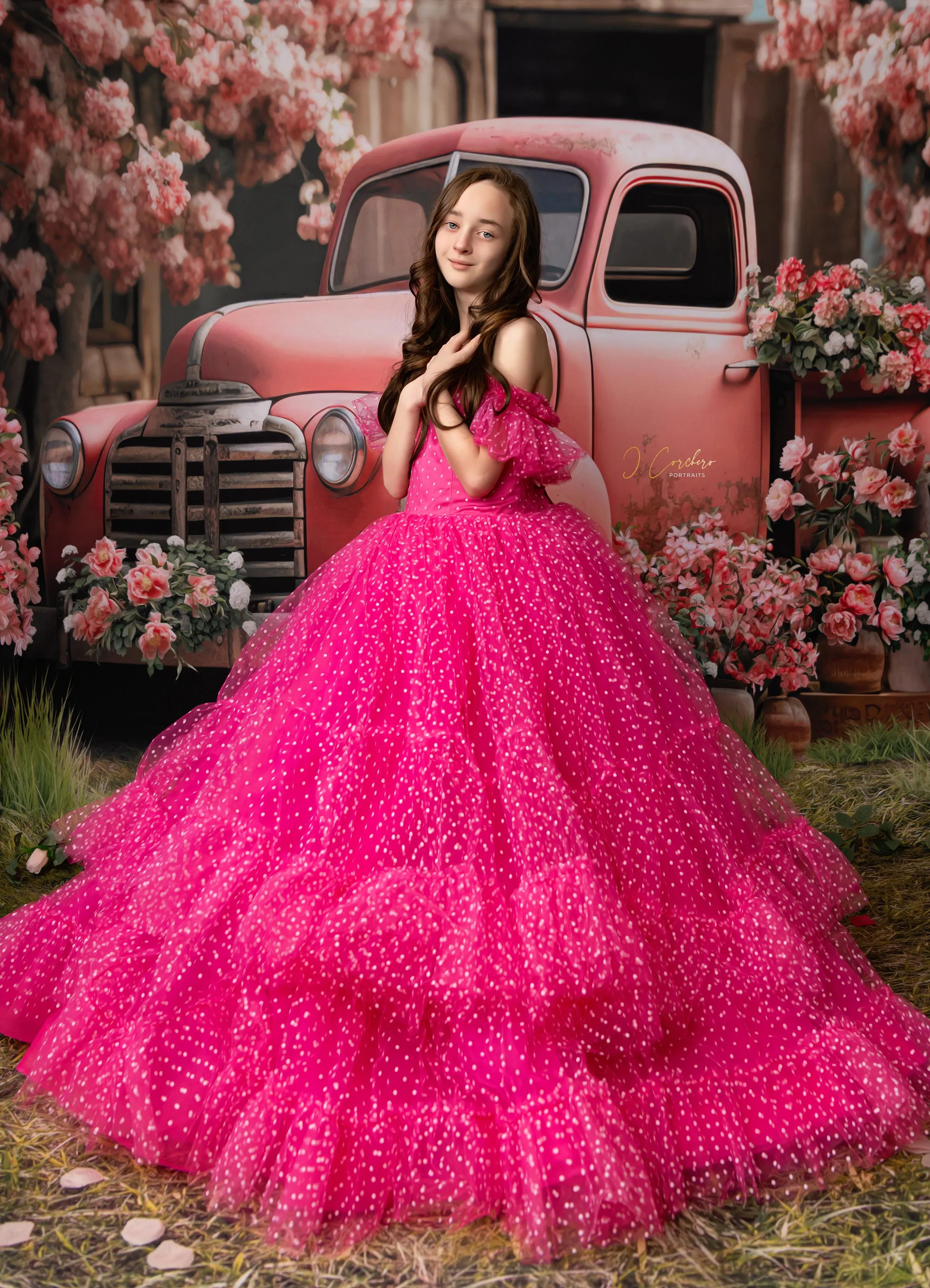 Swish Dots Couture Gown -pink- Floor length dress Wristlets   (8 Year - 9 Year up to a petite 10 year)