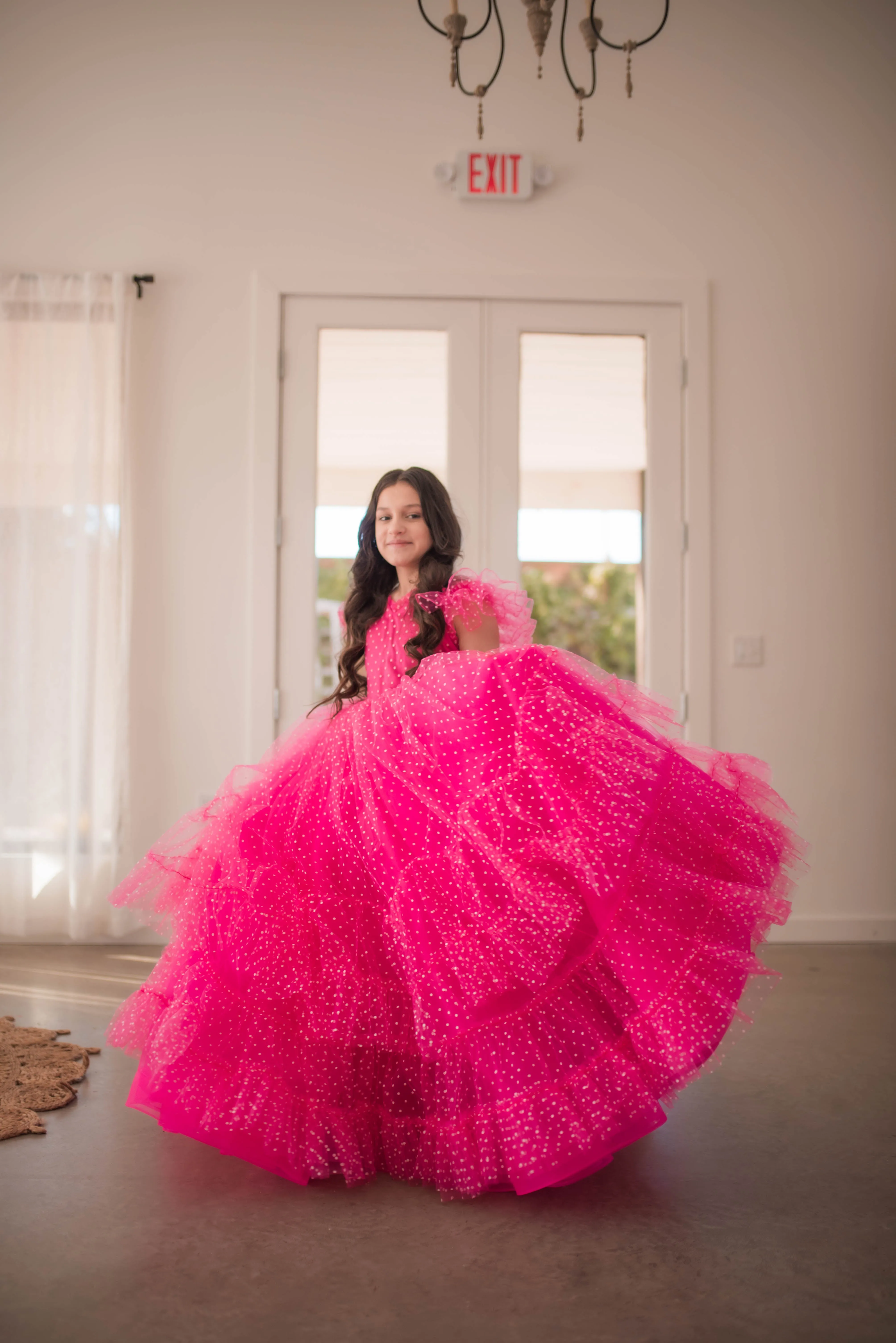 Swish Dots Couture Gown -pink- Floor length dress Wristlets   (8 Year - 9 Year up to a petite 10 year)