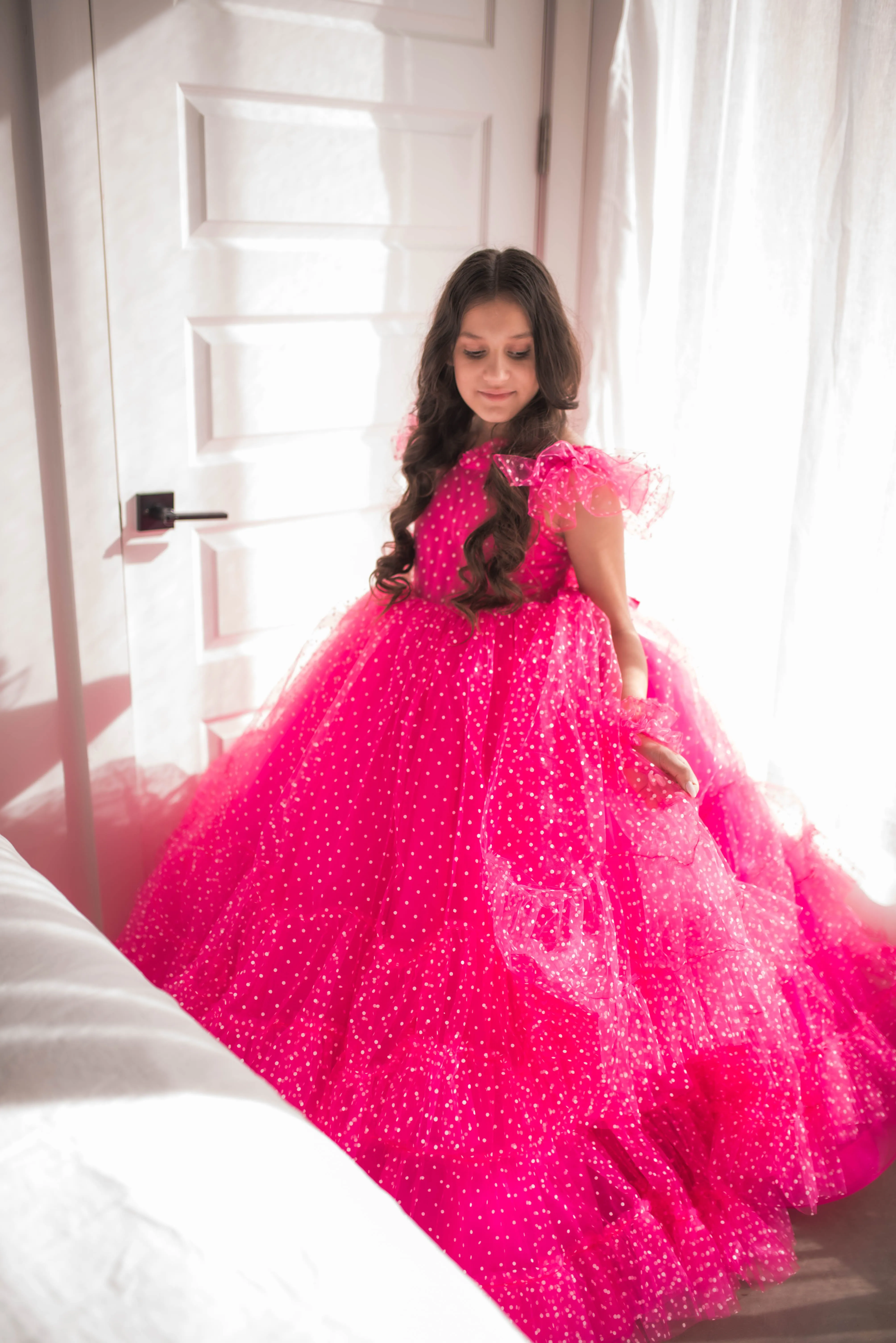 Swish Dots Couture Gown -pink- Floor length dress Wristlets   (8 Year - 9 Year up to a petite 10 year)