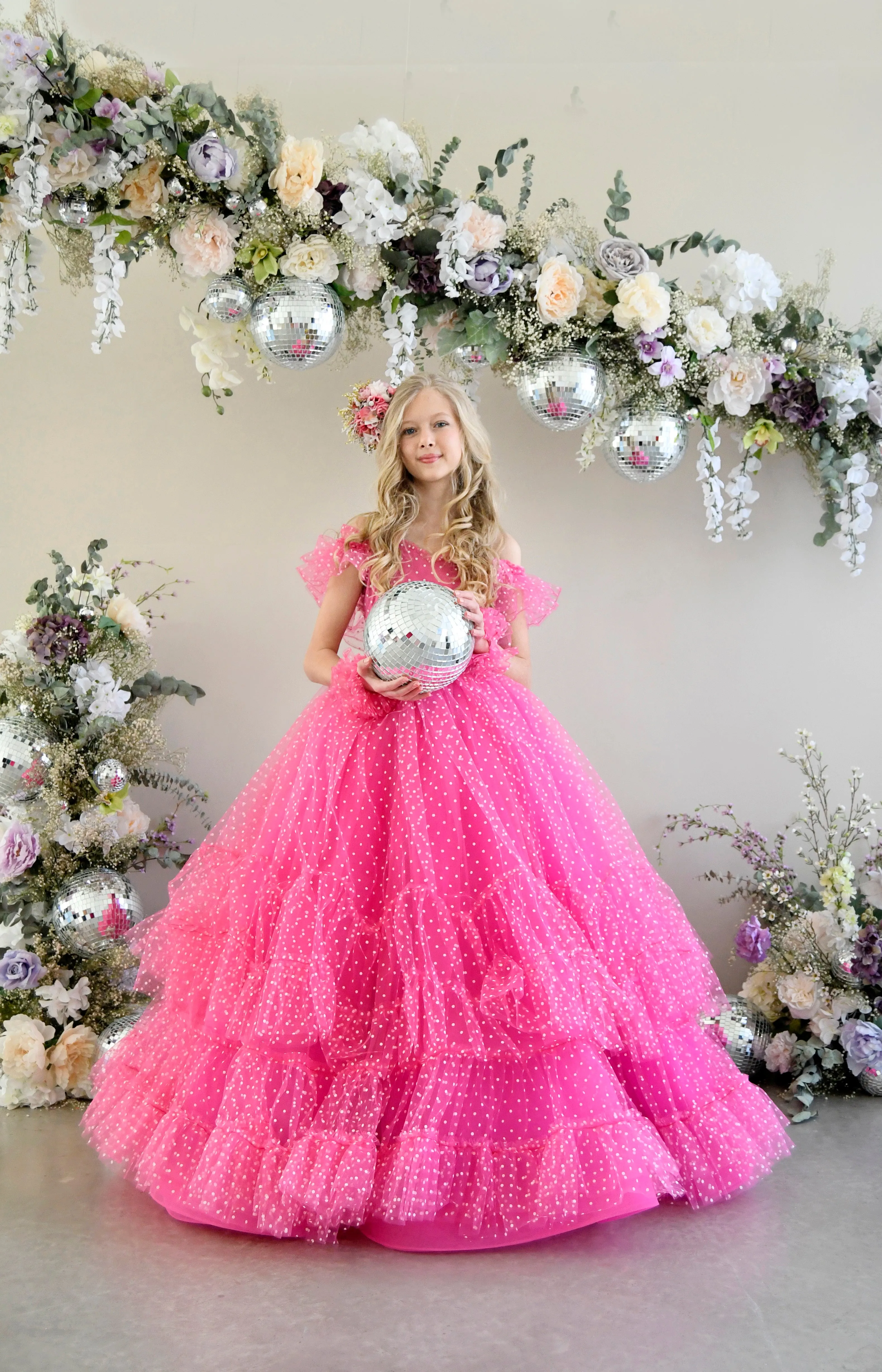 Swish Dots Couture Gown -pink- Floor length dress Wristlets   (8 Year - 9 Year up to a petite 10 year)