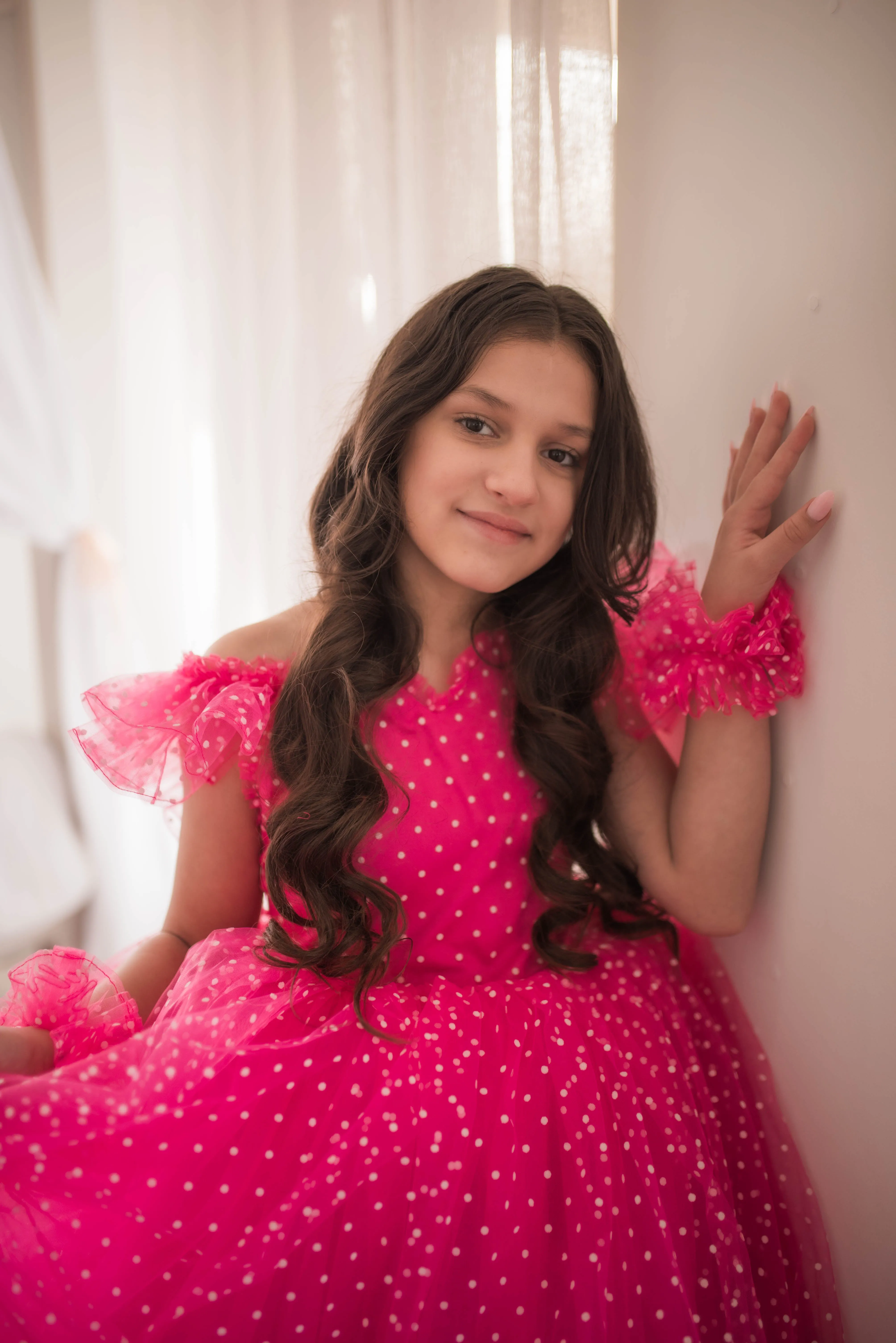 Swish Dots Couture Gown -pink- Floor length dress Wristlets   (8 Year - 9 Year up to a petite 10 year)