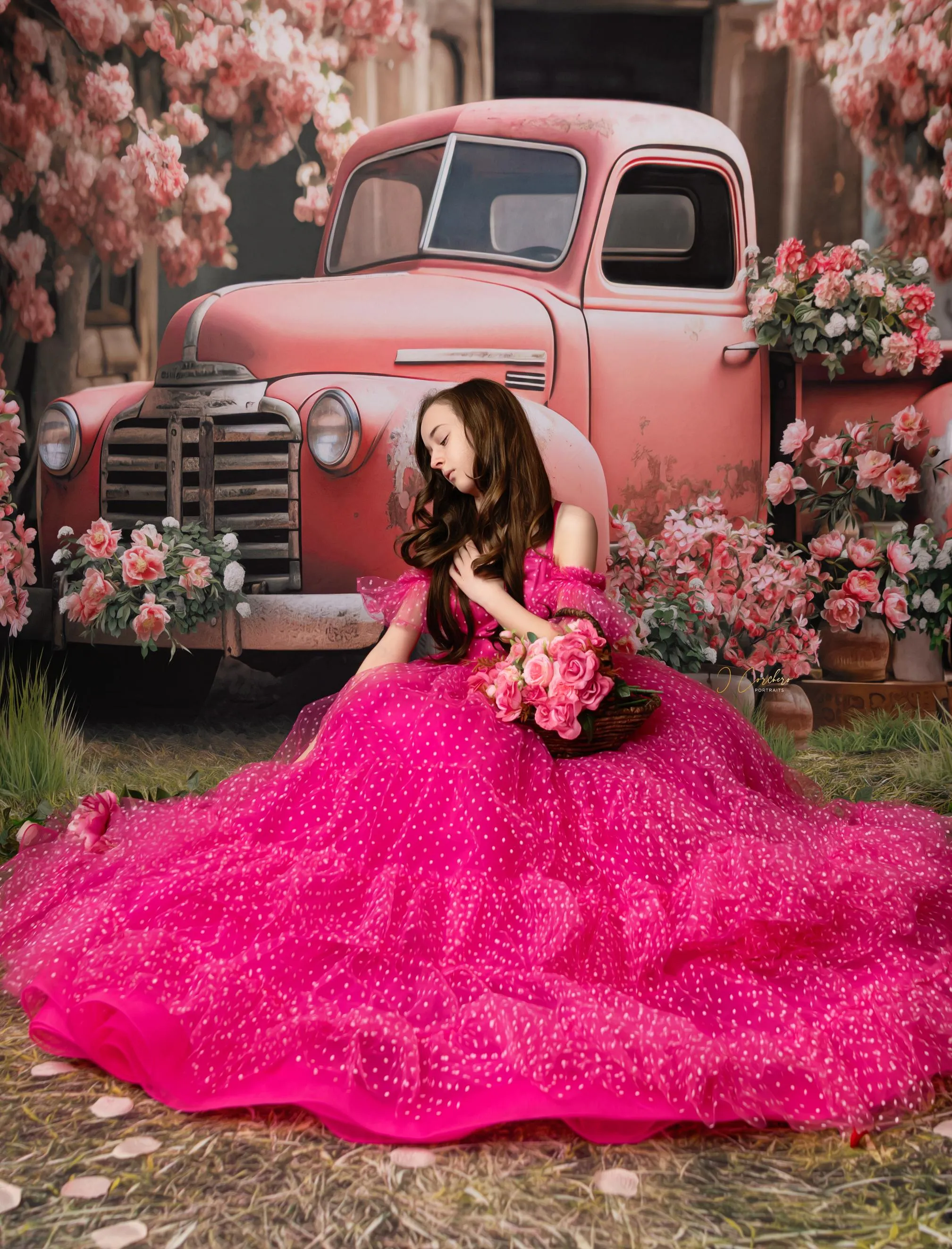 Swish Dots Couture Gown -pink- Floor length dress Wristlets   (8 Year - 9 Year up to a petite 10 year)