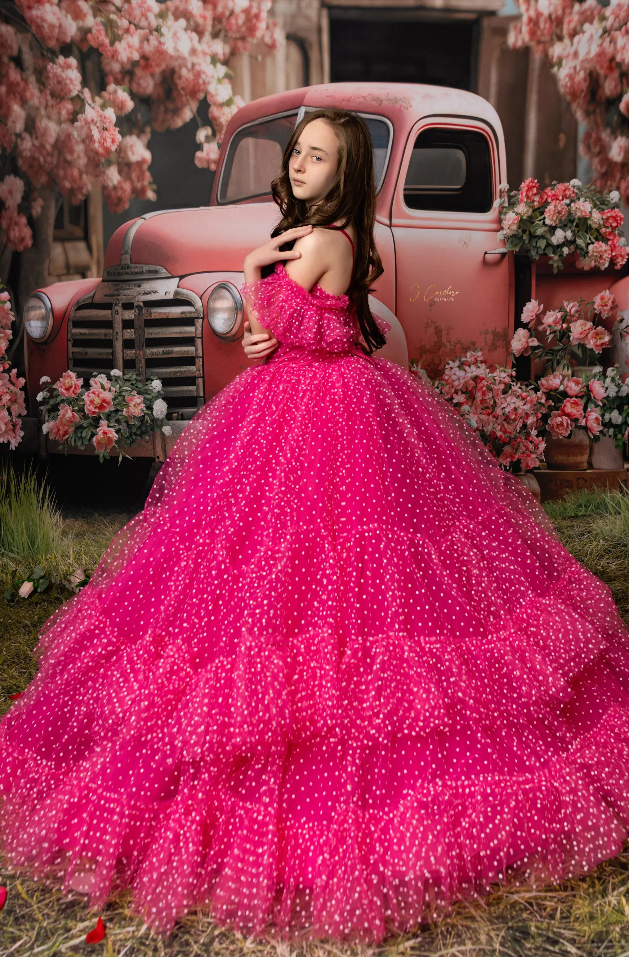 Swish Dots Couture Gown -pink- Floor length dress Wristlets   (8 Year - 9 Year up to a petite 10 year)