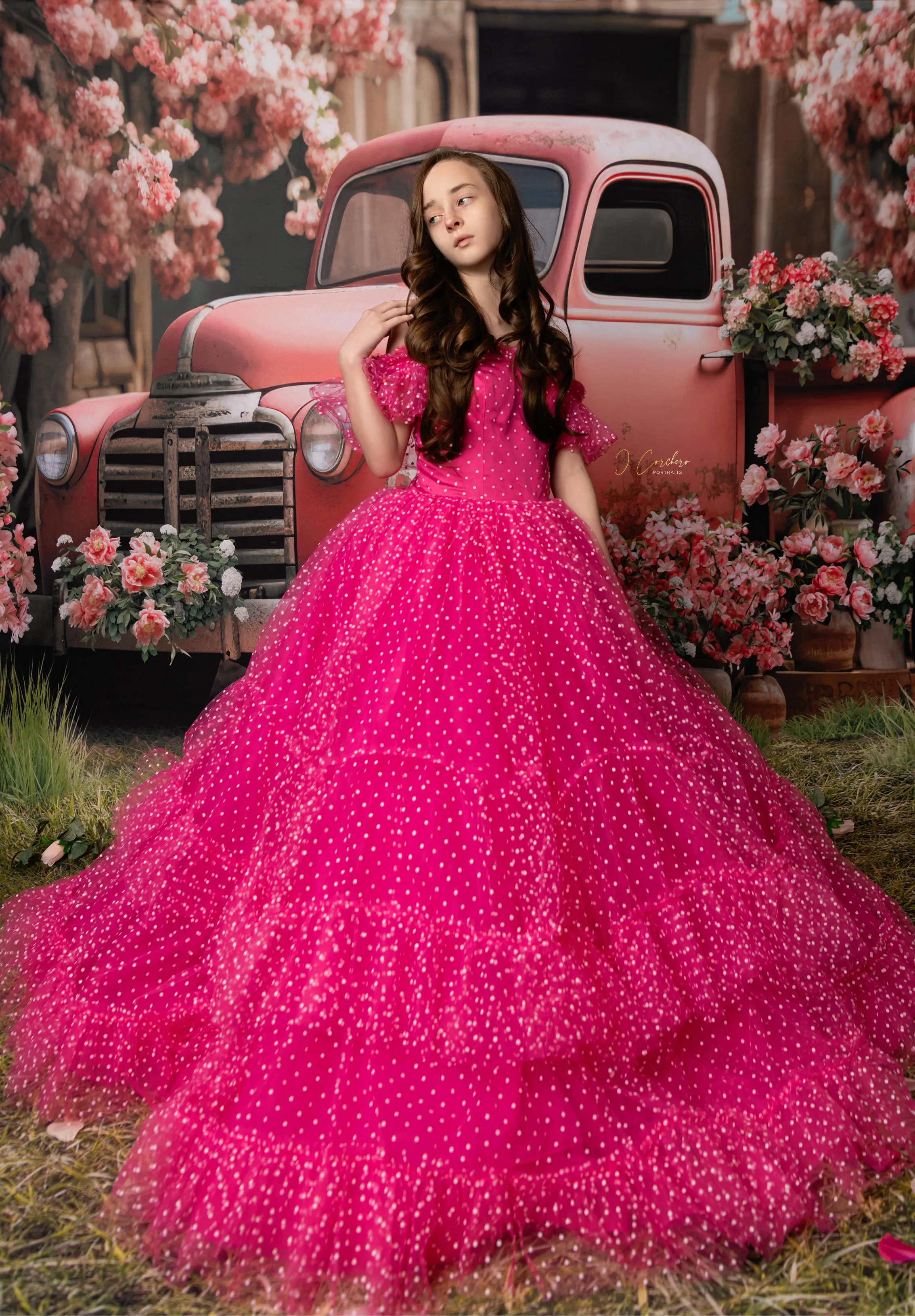 Swish Dots Couture Gown -pink- Floor length dress Wristlets   (8 Year - 9 Year up to a petite 10 year)