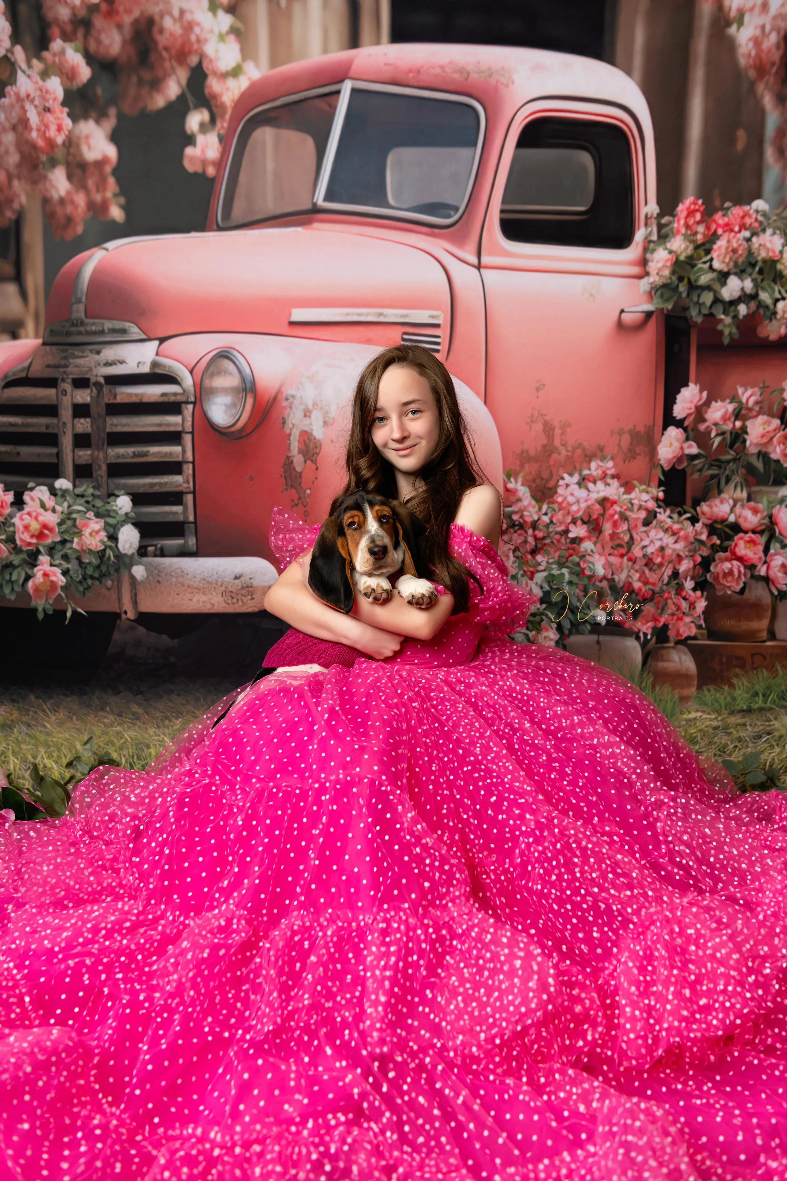 Swish Dots Couture Gown -pink- Floor length dress Wristlets   (8 Year - 9 Year up to a petite 10 year)