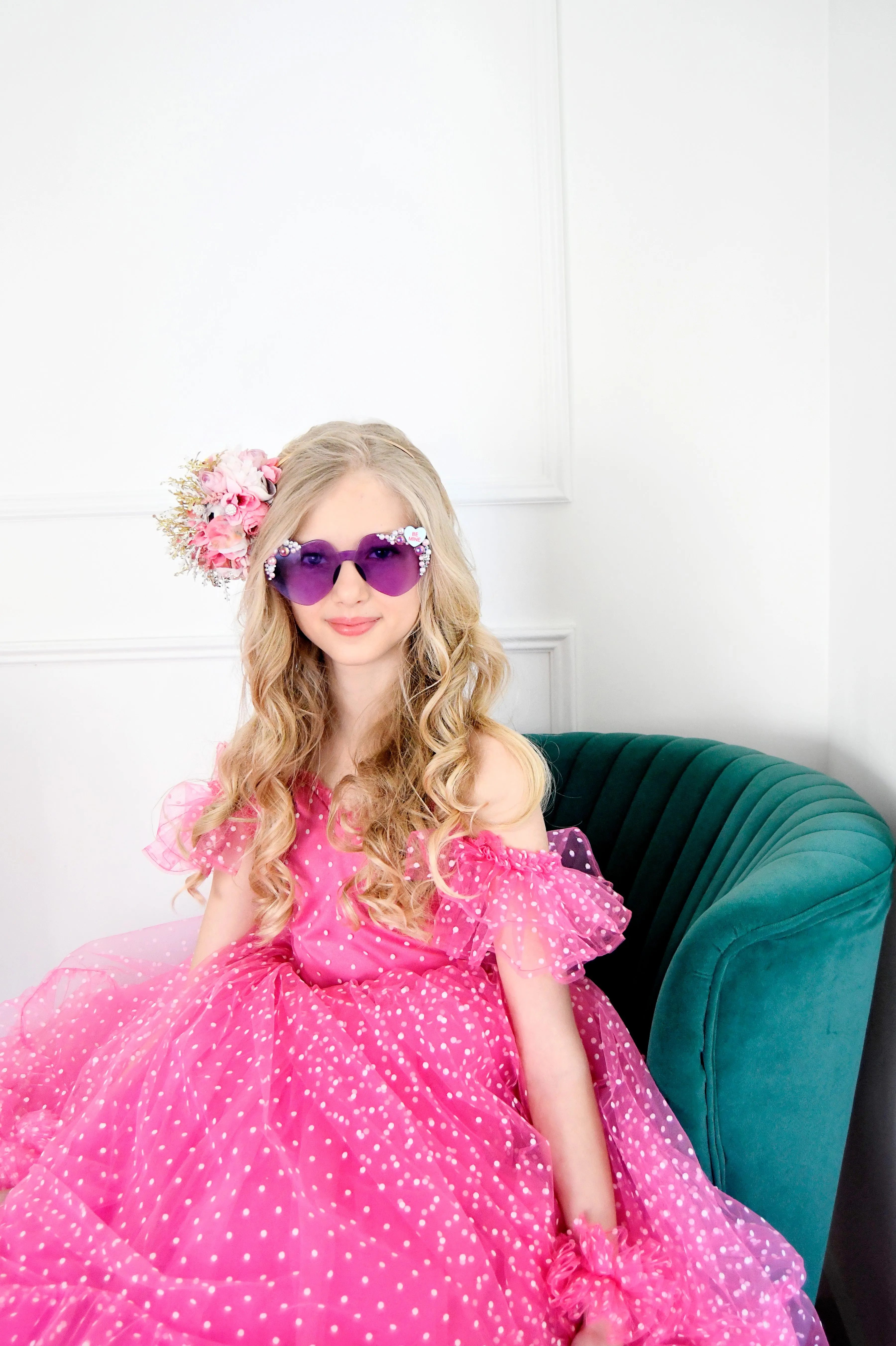 Swish Dots Couture Gown -pink- Floor length dress Wristlets   (8 Year - 9 Year up to a petite 10 year)