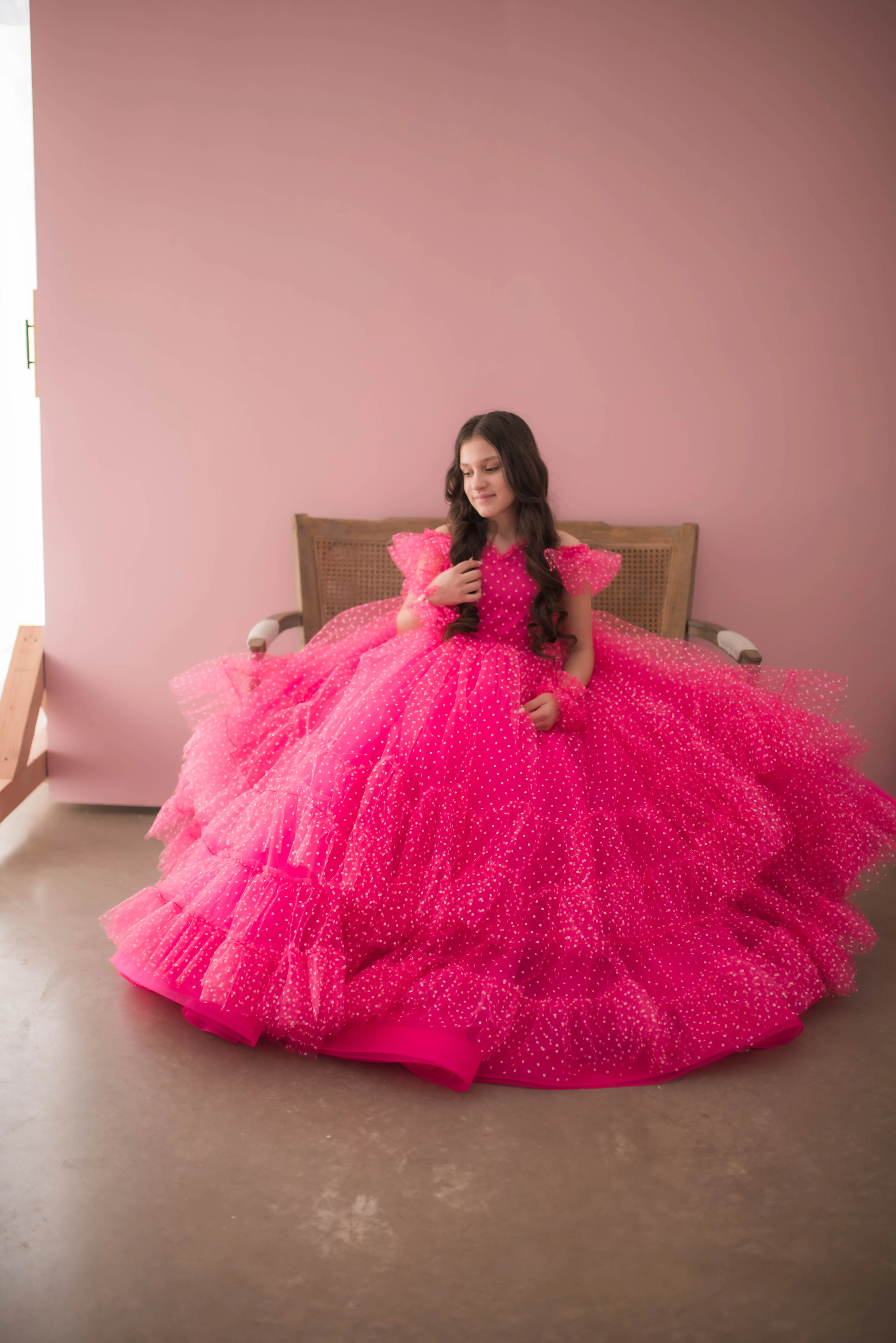 Swish Dots Couture Gown -pink- Floor length dress Wristlets   (8 Year - 9 Year up to a petite 10 year)