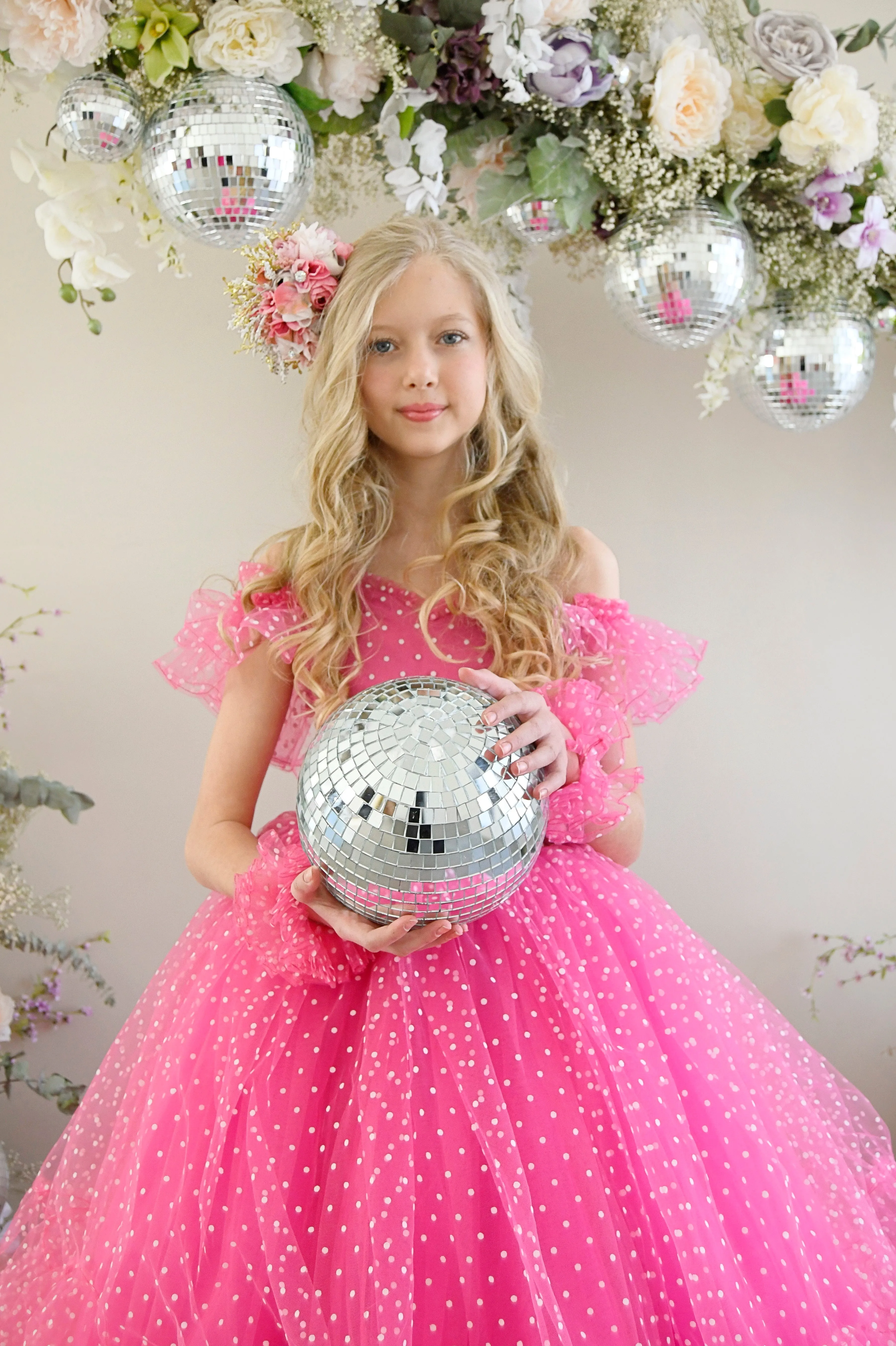 Swish Dots Couture Gown -pink- Floor length dress Wristlets   (8 Year - 9 Year up to a petite 10 year)