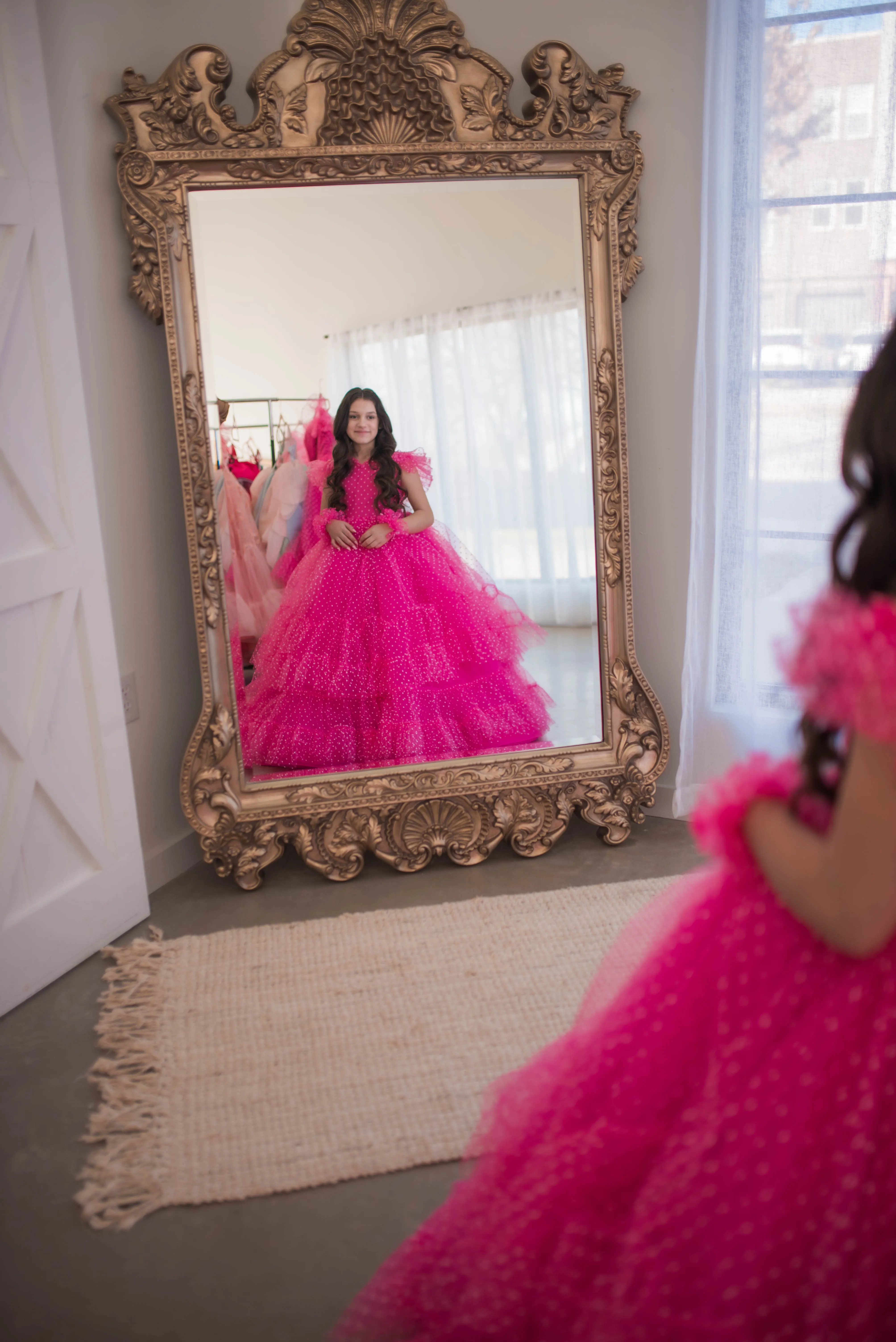 Swish Dots Couture Gown -pink- Floor length dress Wristlets   (8 Year - 9 Year up to a petite 10 year)