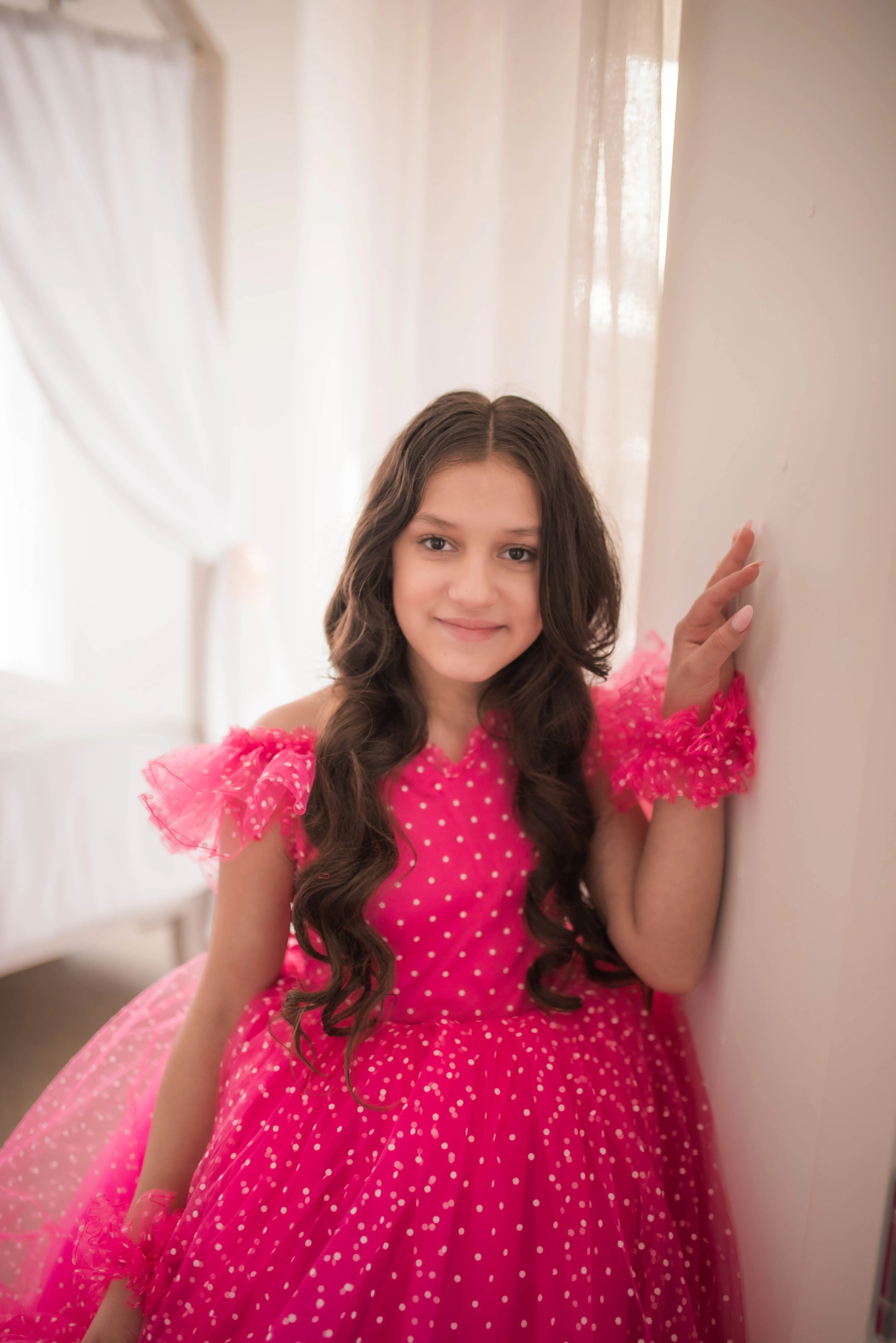 Swish Dots Couture Gown -pink- Floor length dress Wristlets   (8 Year - 9 Year up to a petite 10 year)