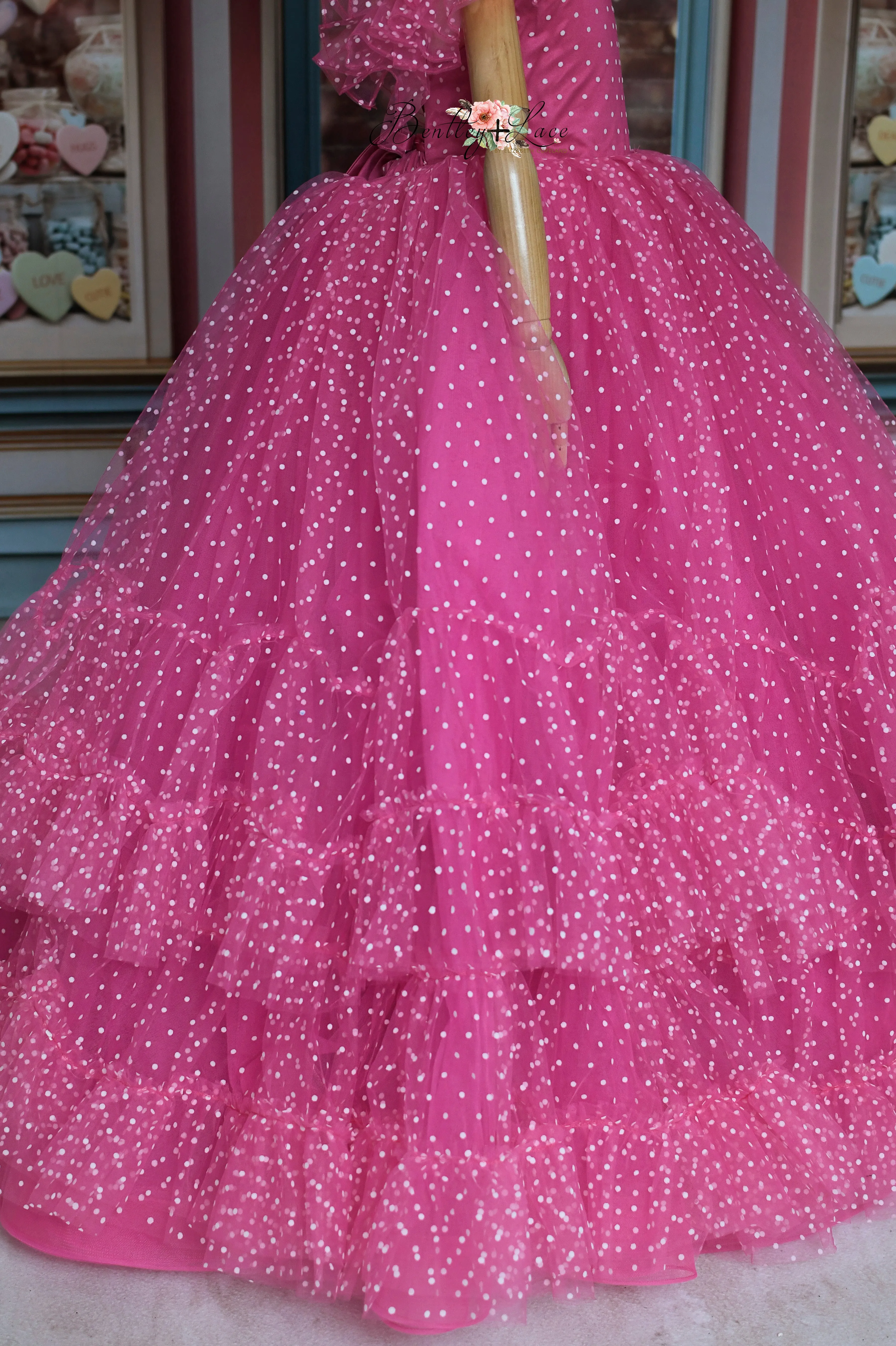 Swish Dots Couture Gown -pink- Floor length dress Wristlets   (8 Year - 9 Year up to a petite 10 year)