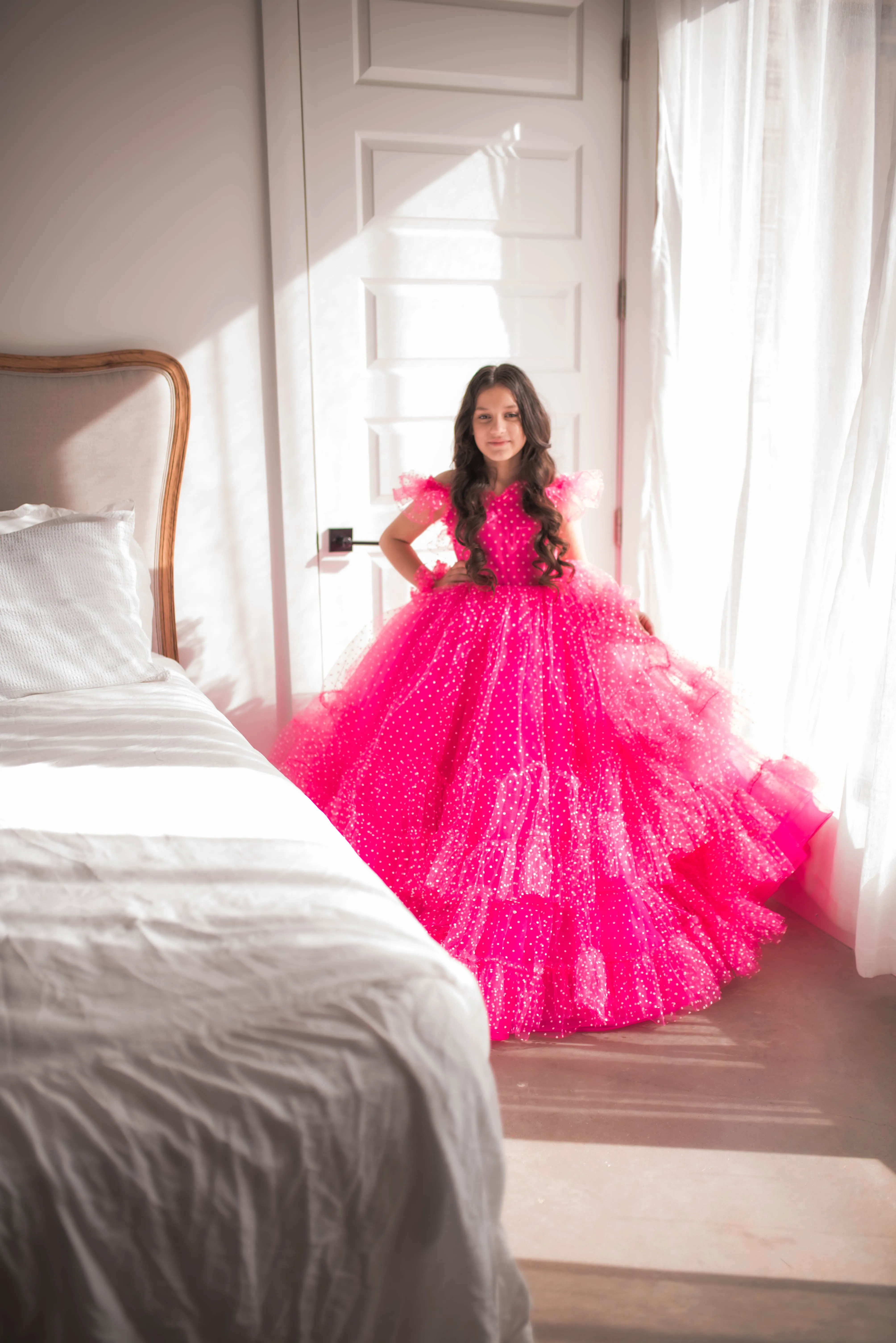 Swish Dots Couture Gown -pink- Floor length dress Wristlets   (8 Year - 9 Year up to a petite 10 year)