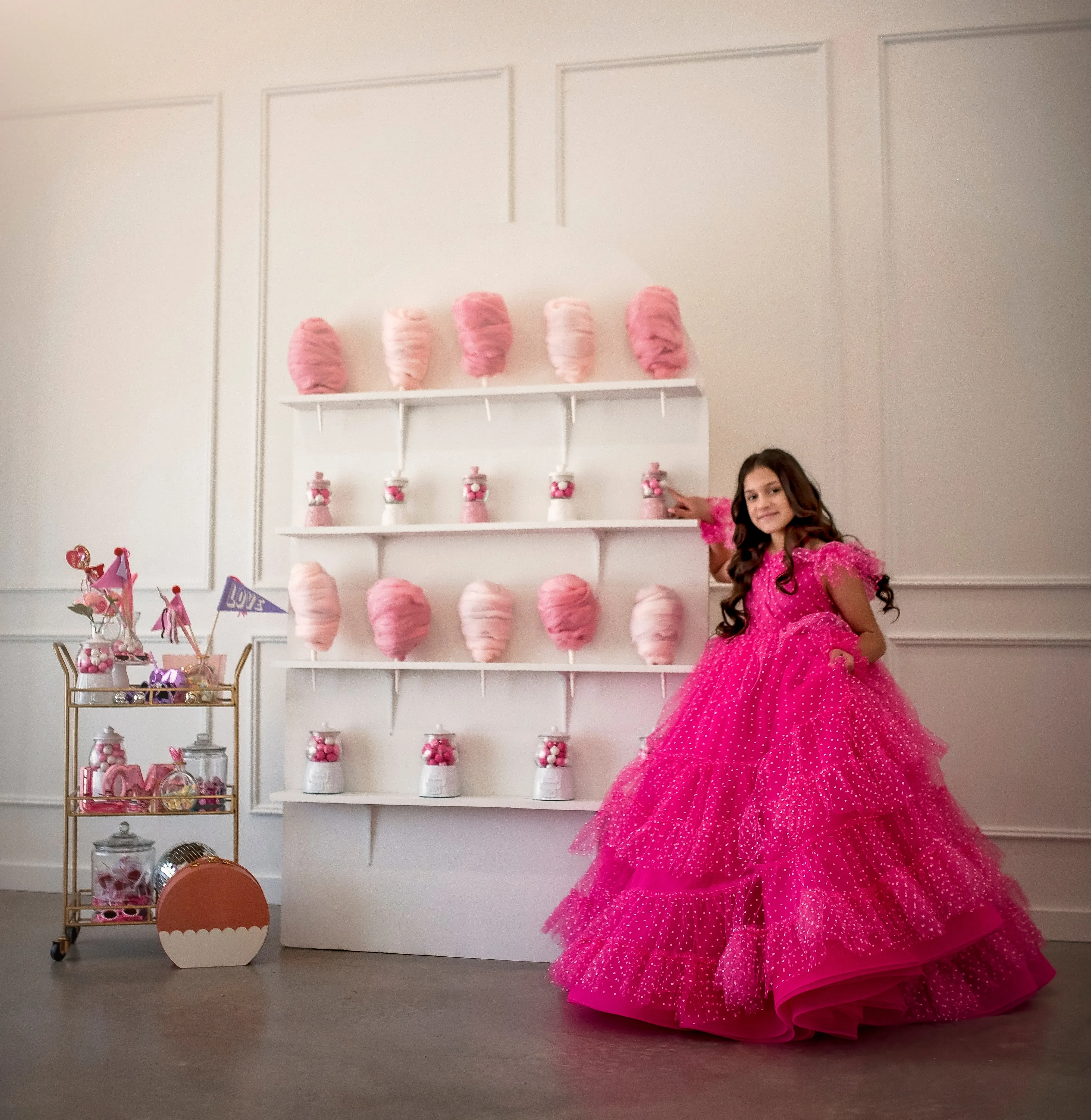 Swish Dots Couture Gown -pink- Floor length dress Wristlets   (8 Year - 9 Year up to a petite 10 year)