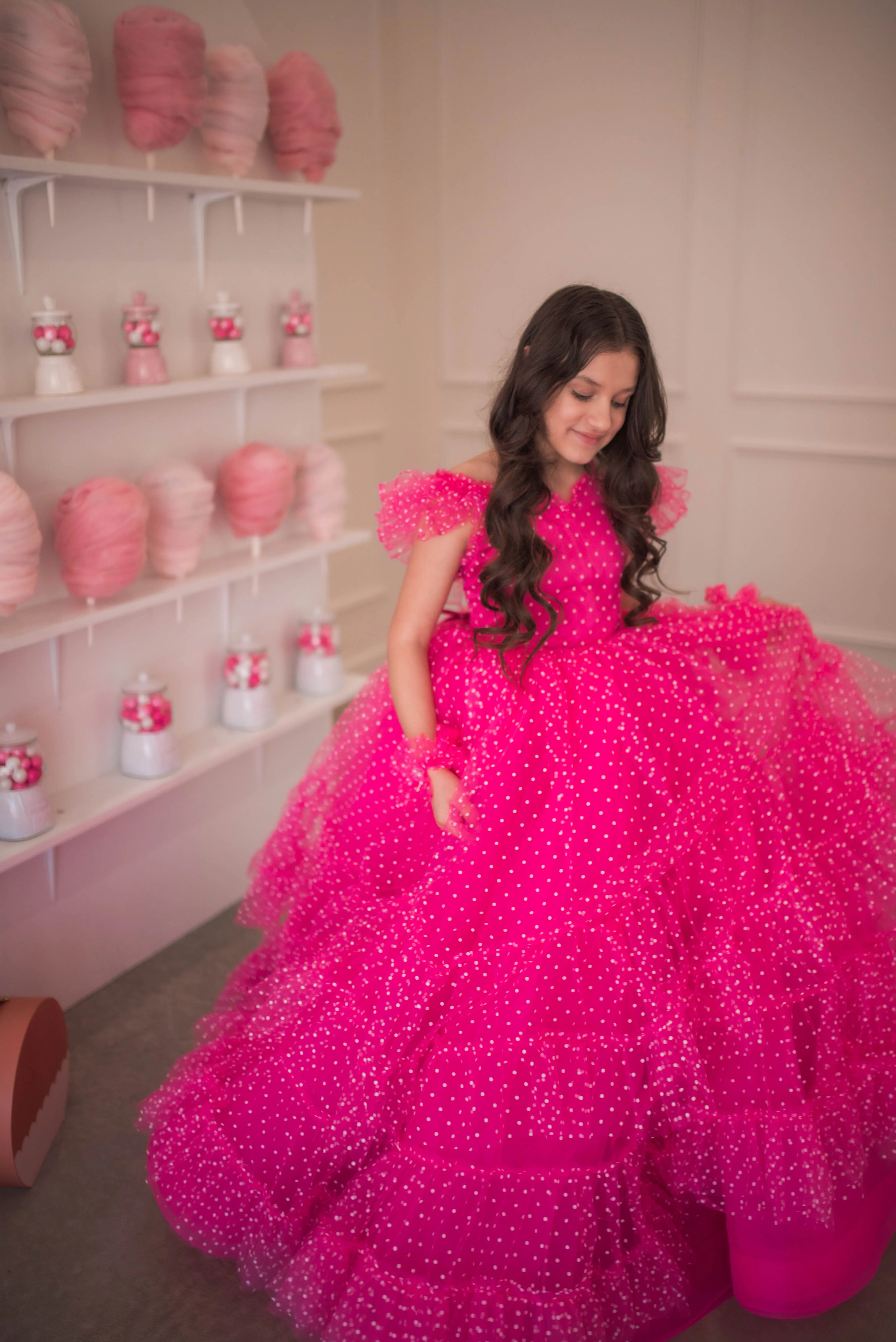 Swish Dots Couture Gown -pink- Floor length dress Wristlets   (8 Year - 9 Year up to a petite 10 year)