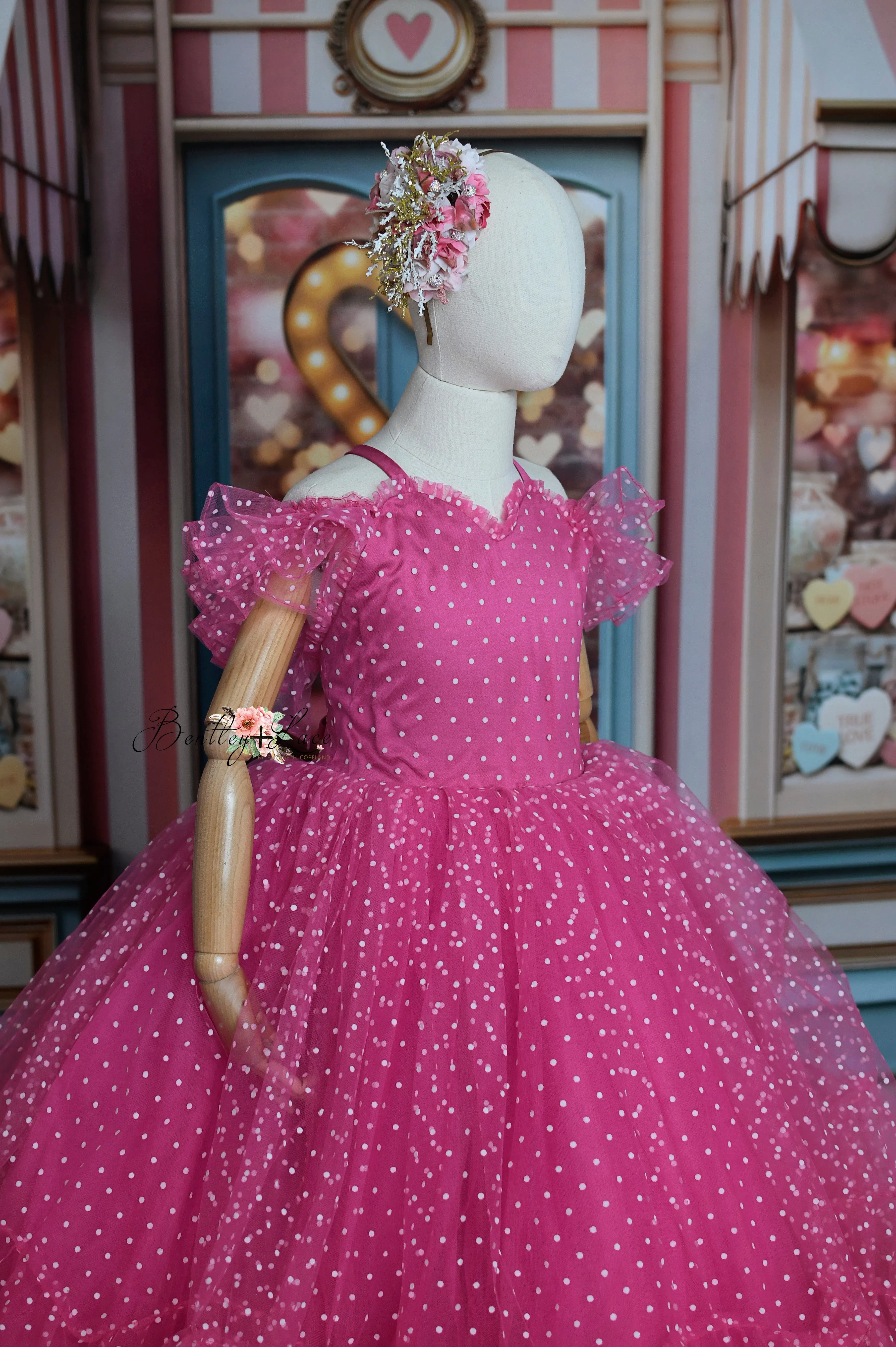 Swish Dots Couture Gown -pink- Floor length dress Wristlets   (8 Year - 9 Year up to a petite 10 year)