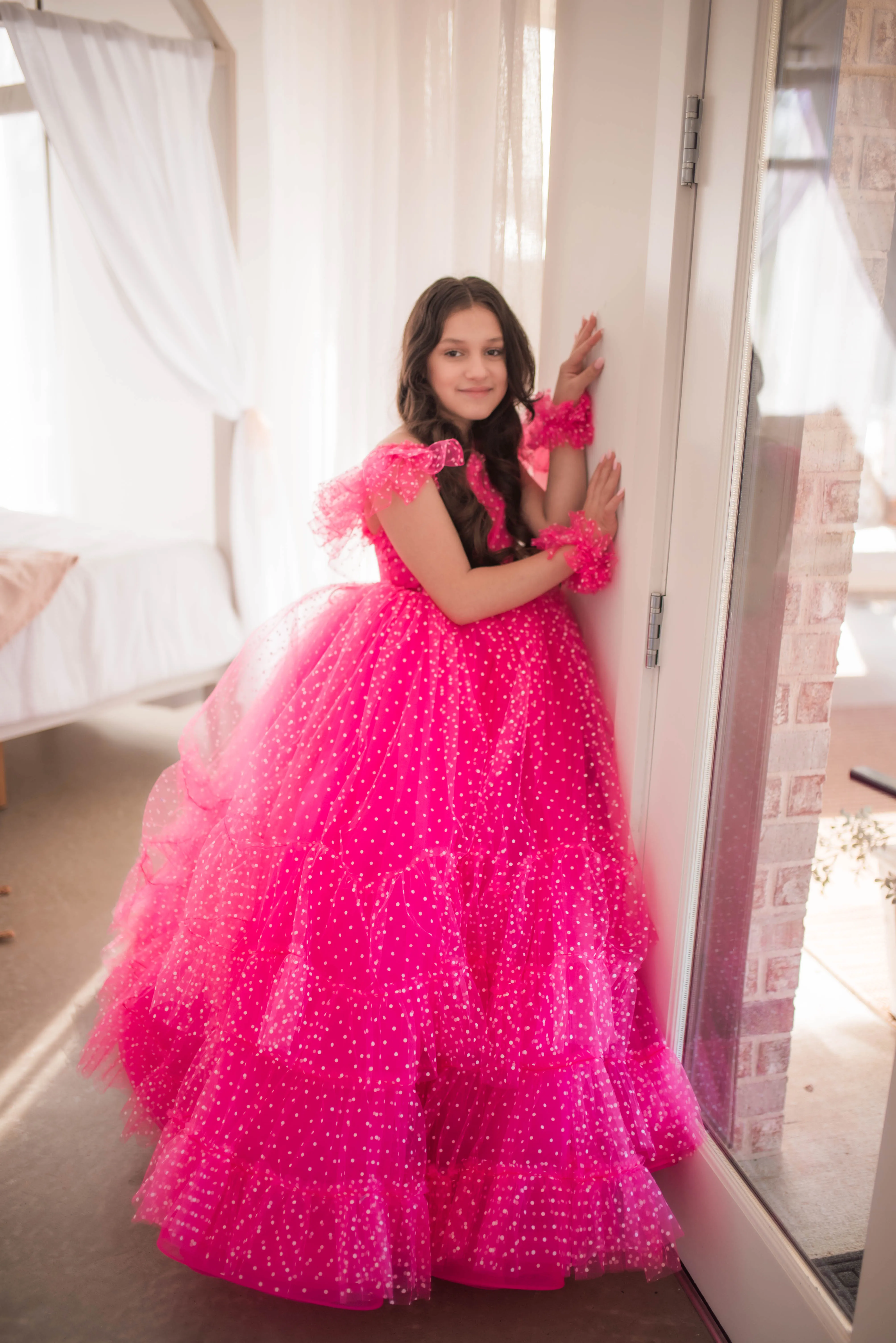 Swish Dots Couture Gown -pink- Floor length dress Wristlets   (8 Year - 9 Year up to a petite 10 year)