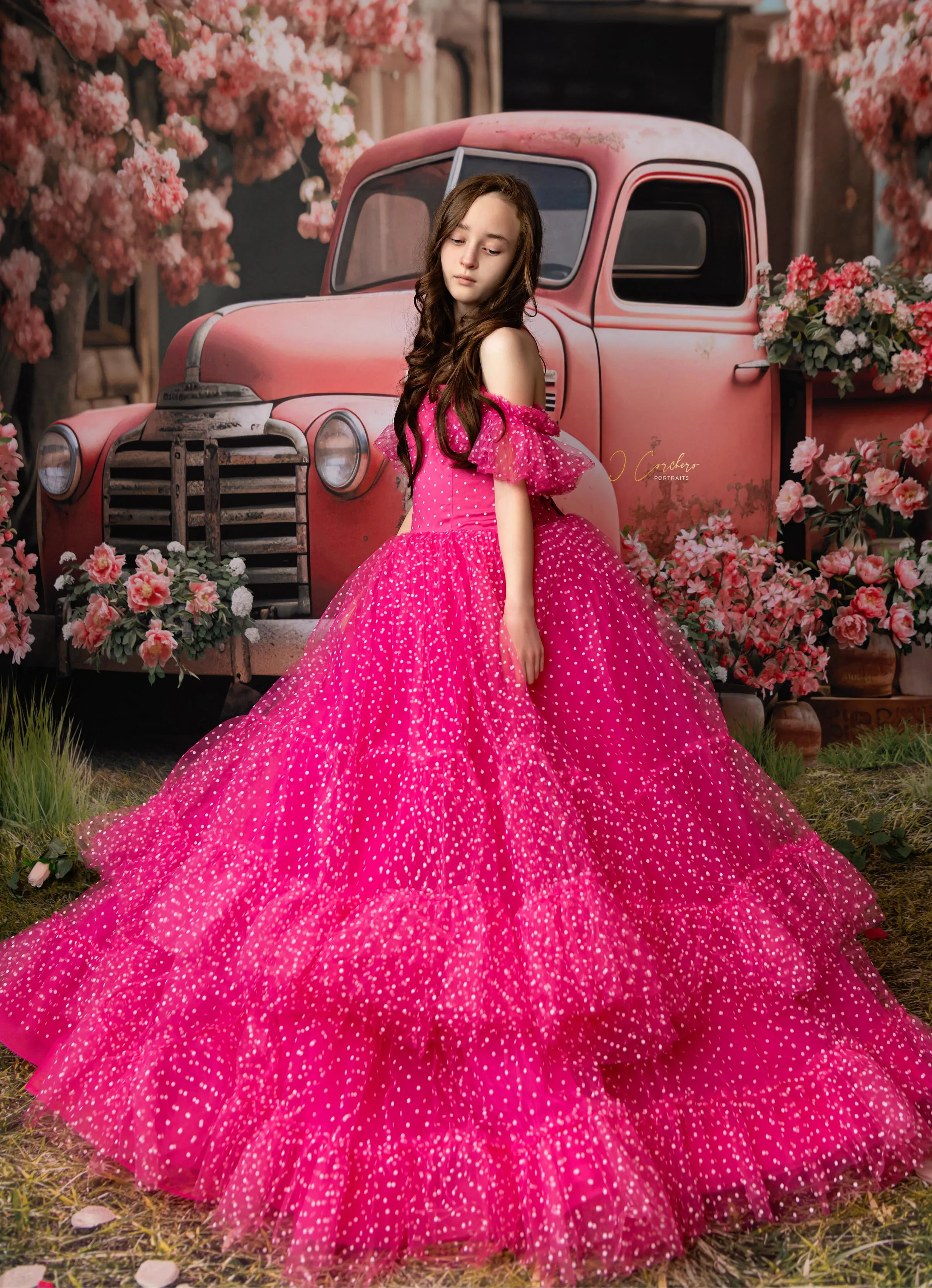 Swish Dots Couture Gown -pink- Floor length dress Wristlets   (8 Year - 9 Year up to a petite 10 year)