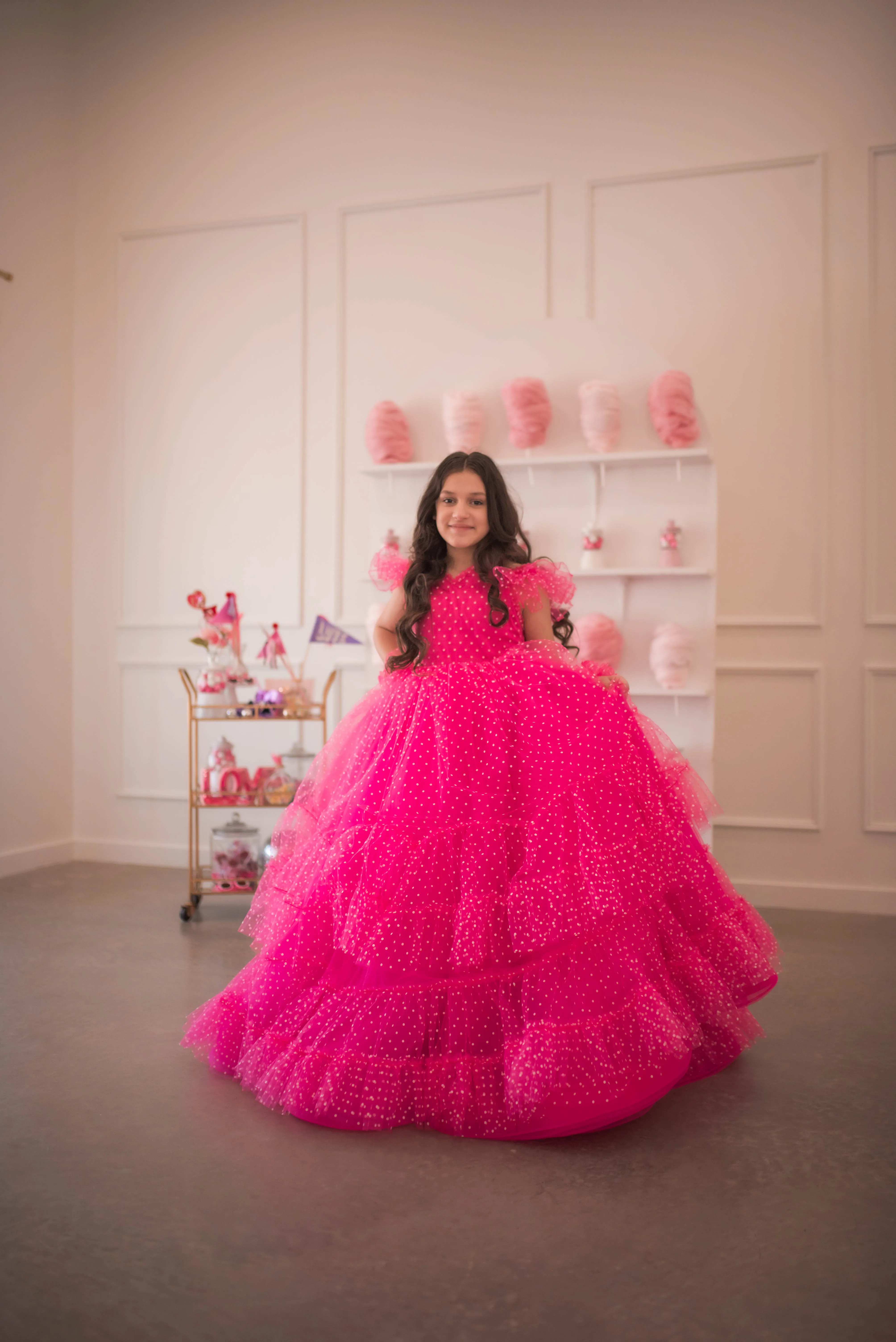 Swish Dots Couture Gown -pink- Floor length dress Wristlets   (8 Year - 9 Year up to a petite 10 year)