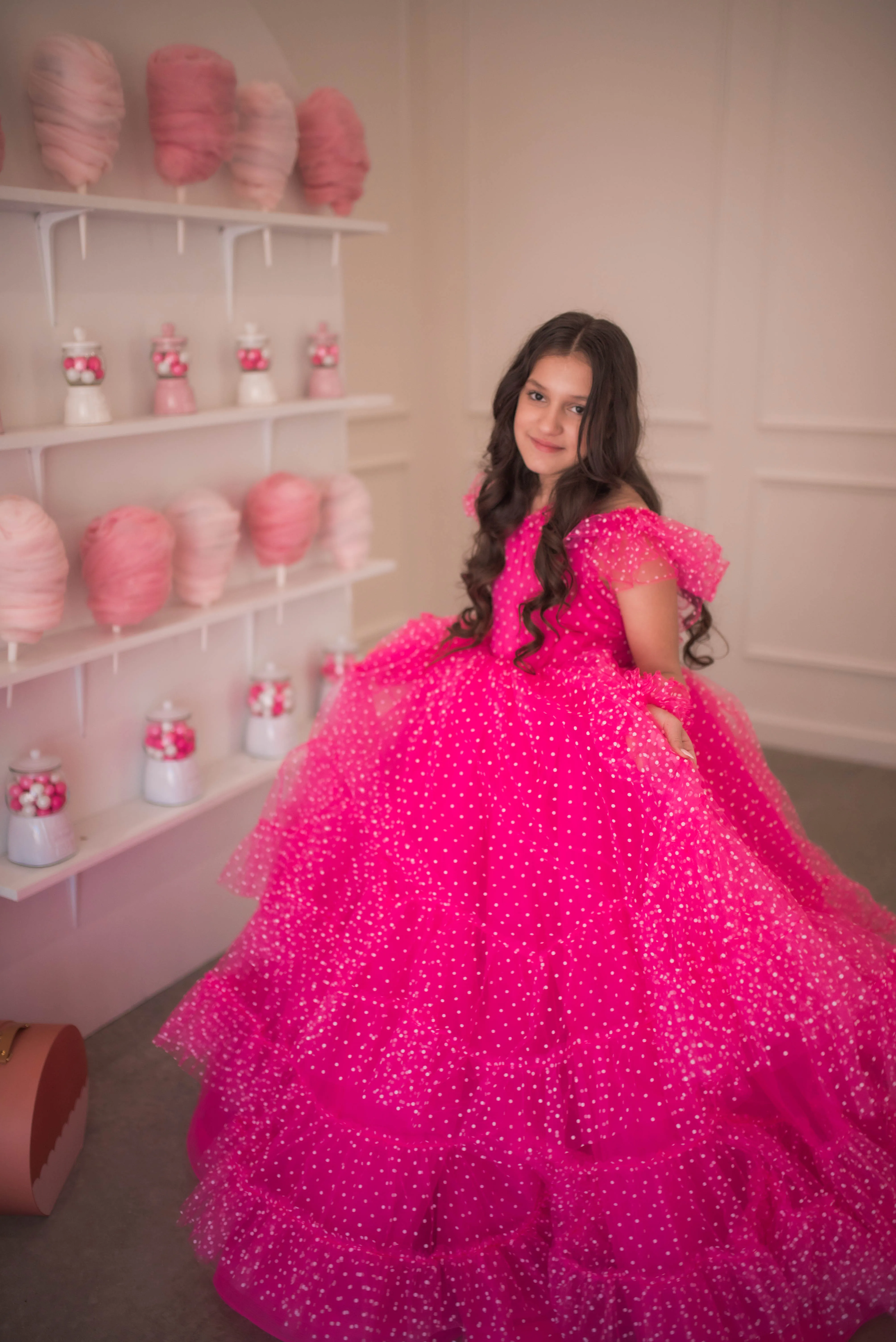 Swish Dots Couture Gown -pink- Floor length dress Wristlets   (8 Year - 9 Year up to a petite 10 year)